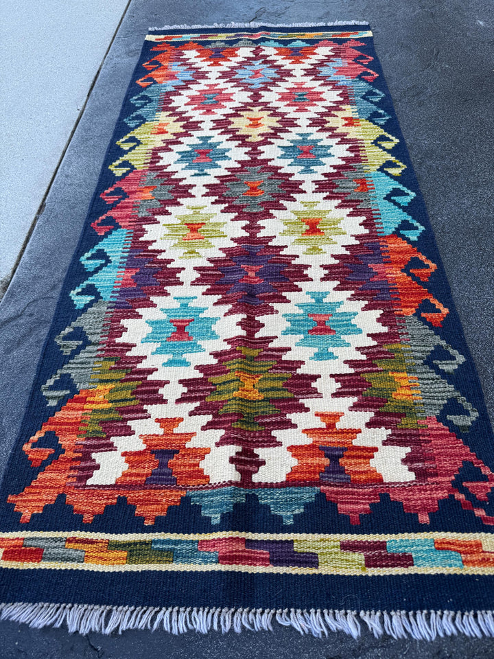 2x5 Handmade Afghan Kilim Runner Rug | Burgundy Rust Red Burnt Orange Mustard Yellow Olive Green Teal Aqua Blue Navy Cream Grey Purple
