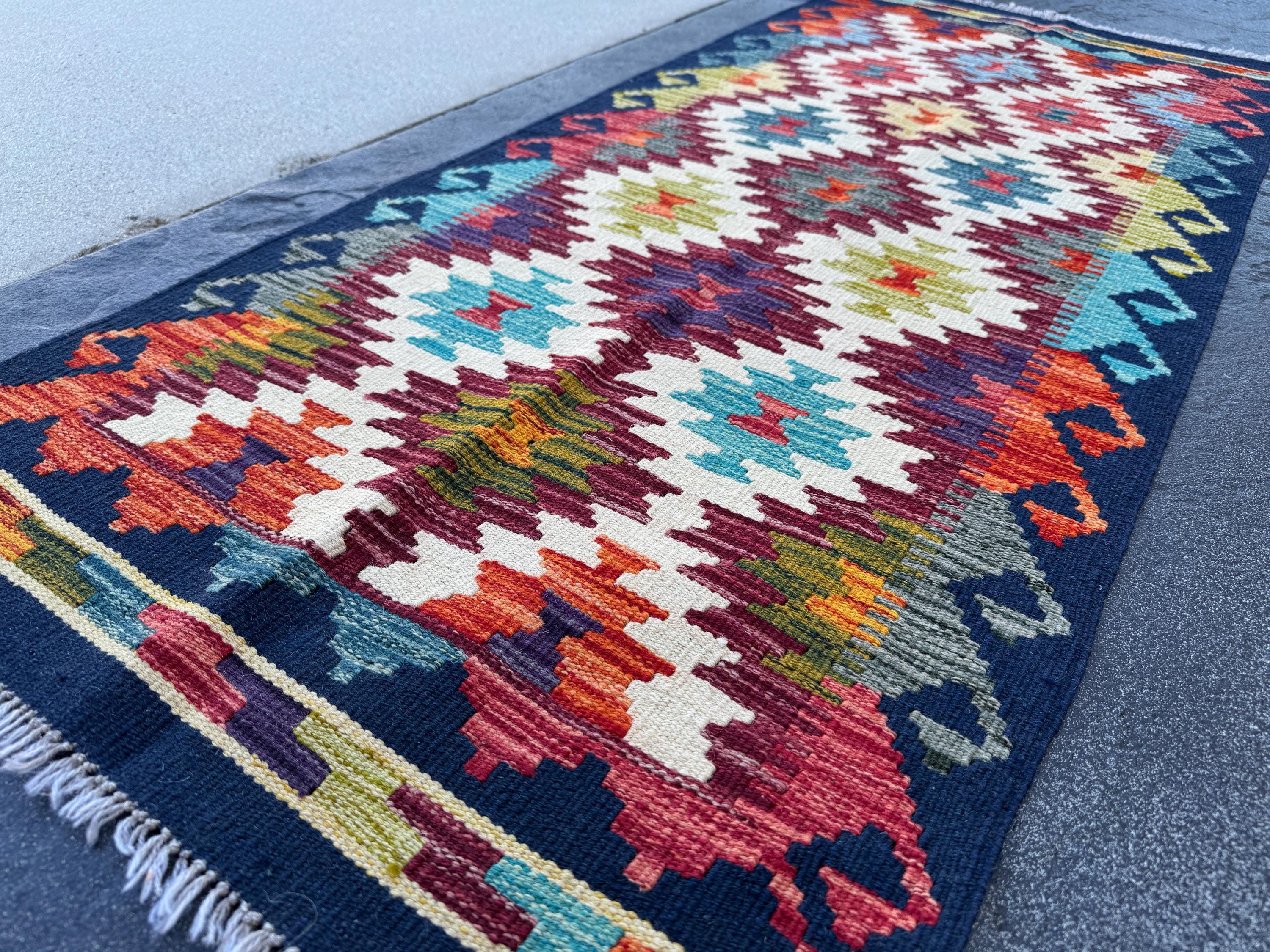 2x5 Handmade Afghan Kilim Runner Rug | Burgundy Rust Red Burnt Orange Mustard Yellow Olive Green Teal Aqua Blue Navy Cream Grey Purple