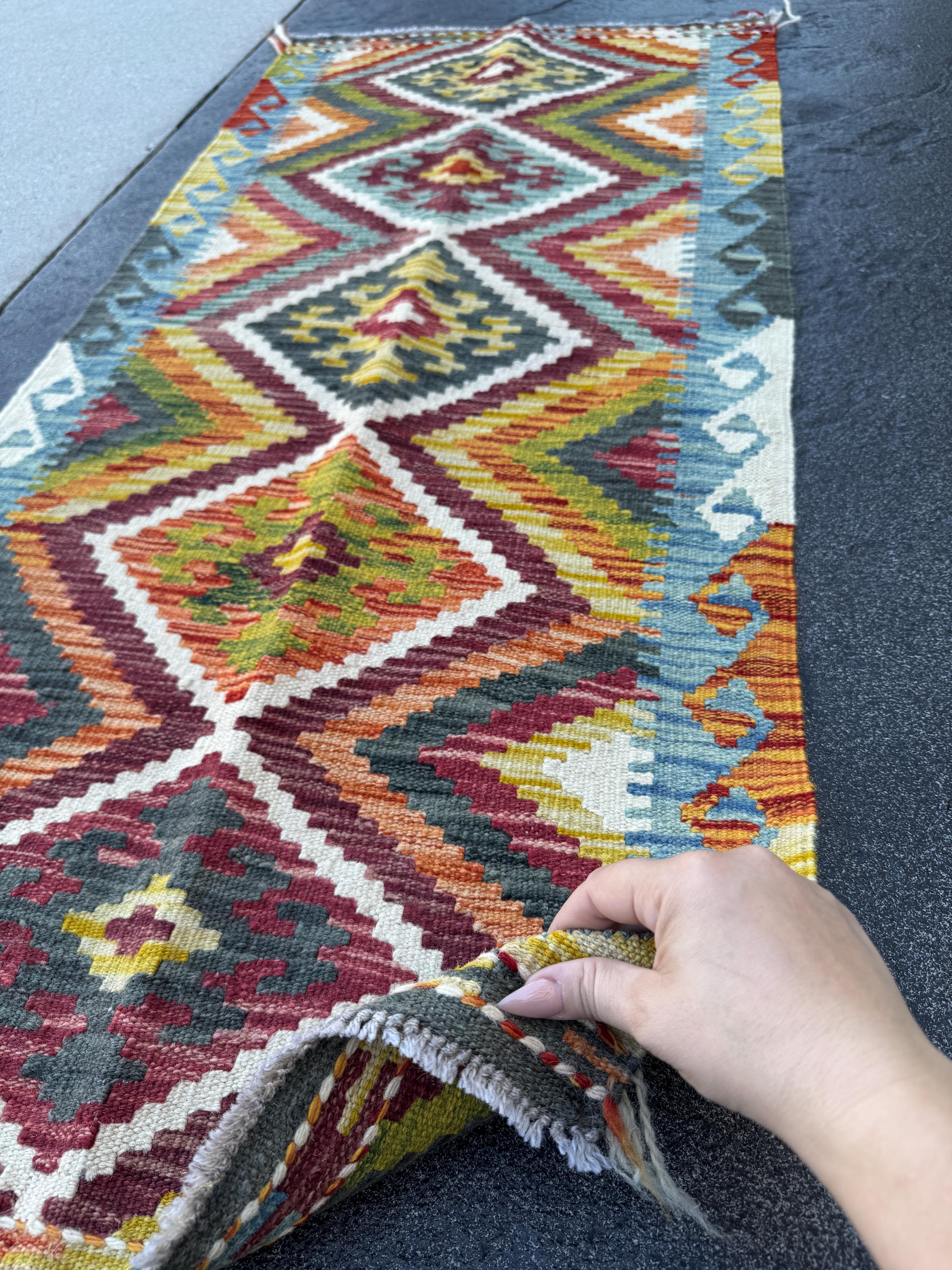 2x5 Handmade Afghan Kilim Runner Rug | Burgundy Rust Red Burnt Orange Mustard Yellow Olive Green Teal Aqua Blue Cream White Grey | Flatwoven