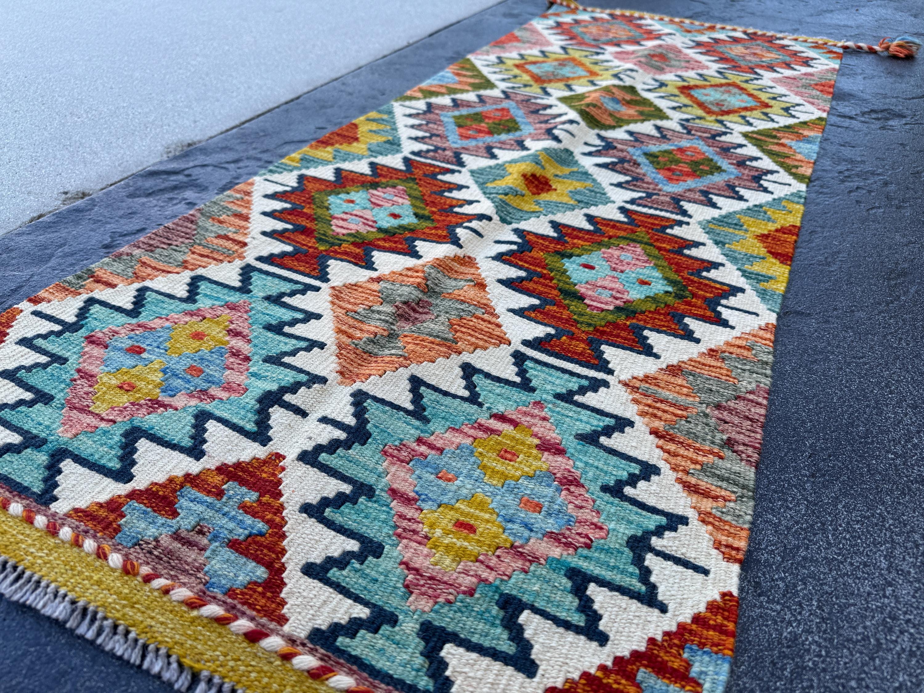 2x5 Handmade Afghan Kilim Runner Rug | Aqua Blue Teal Rust Red Burnt Orange Mustard Yellow Olive Green Cream White Navy Pink Grey | Wool