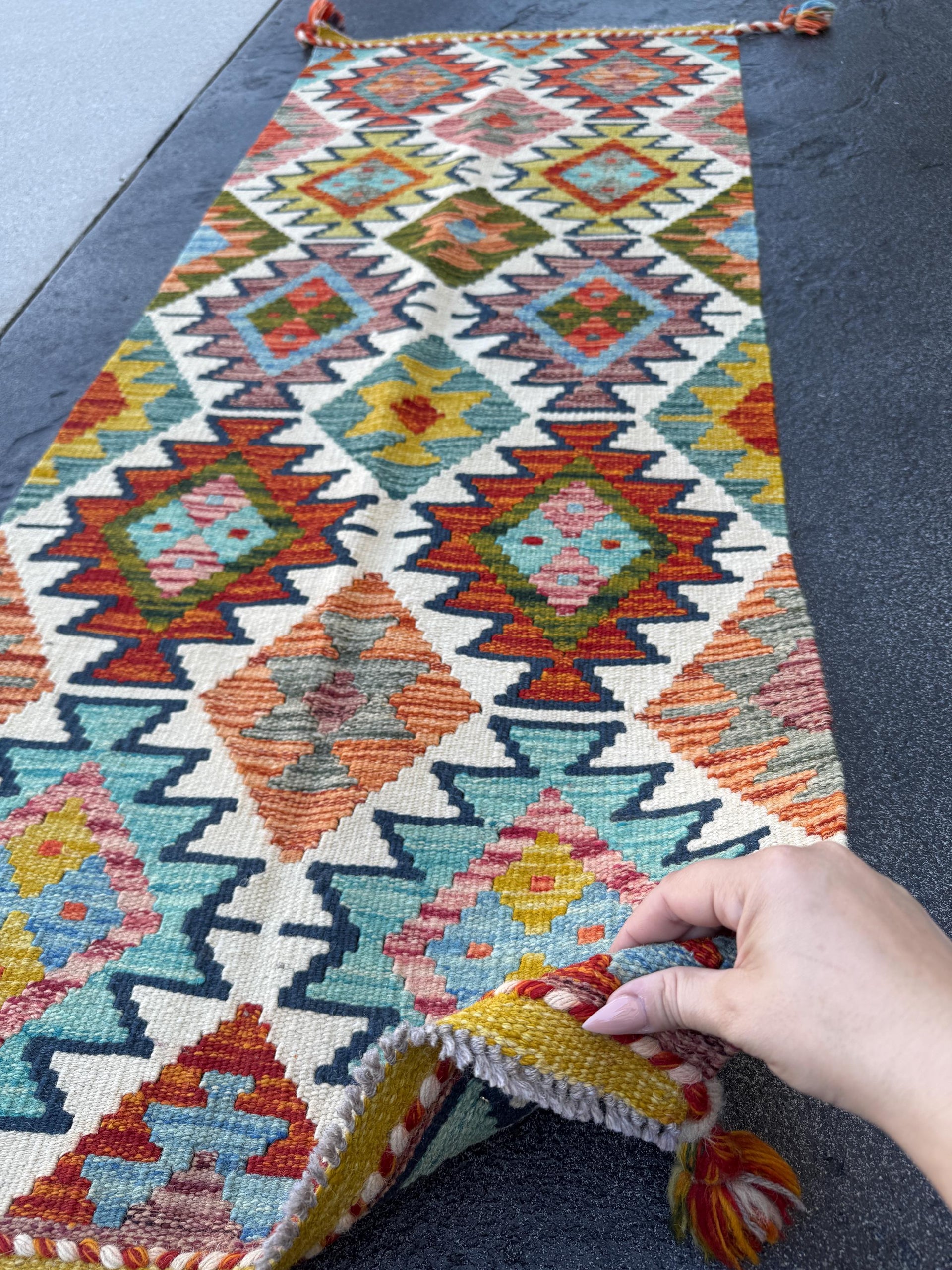 2x5 Handmade Afghan Kilim Runner Rug | Aqua Blue Teal Rust Red Burnt Orange Mustard Yellow Olive Green Cream White Navy Pink Grey | Wool