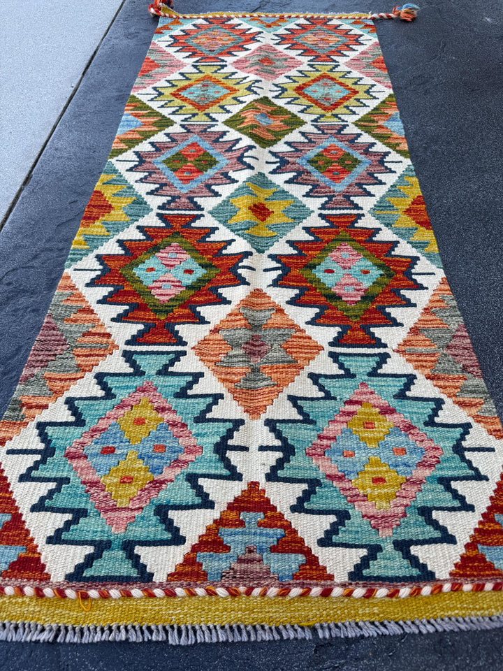 2x5 Handmade Afghan Kilim Runner Rug | Aqua Blue Teal Rust Red Burnt Orange Mustard Yellow Olive Green Cream White Navy Pink Grey | Wool