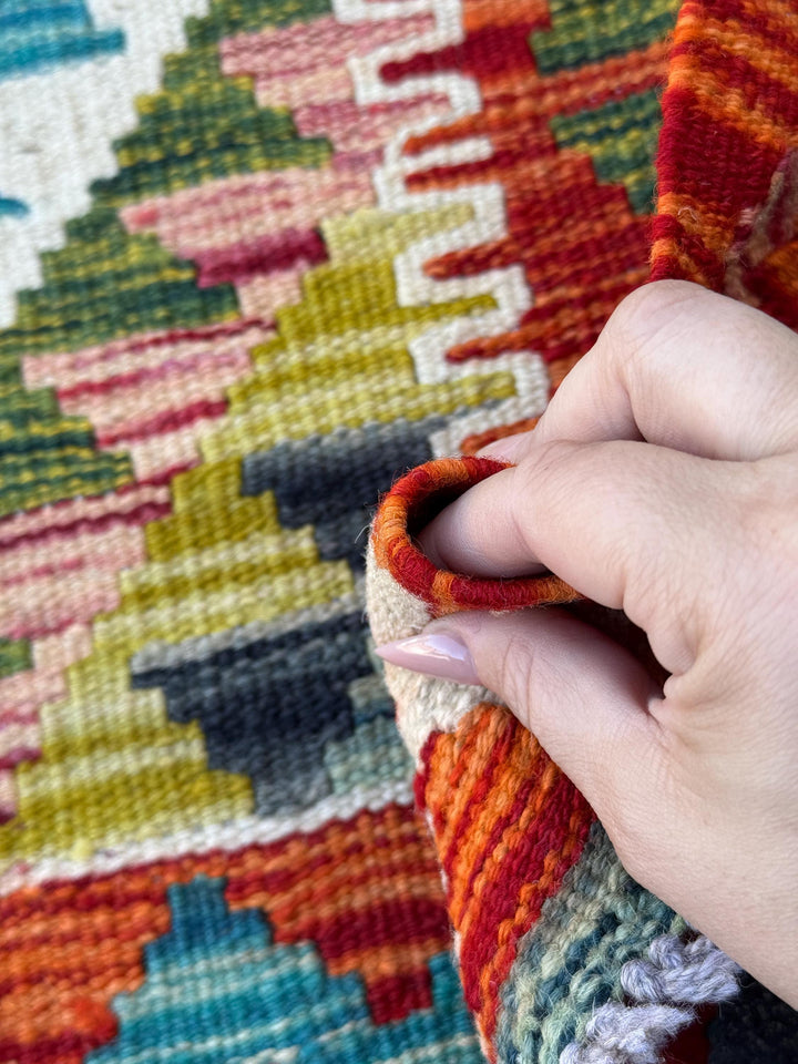 3x4 Handmade Afghan Kilim Rug | Rust Red Burnt Orange Mustard Yellow Cream White Olive Green Teal Aqua Blue Navy Purple Grey | Flatwoven