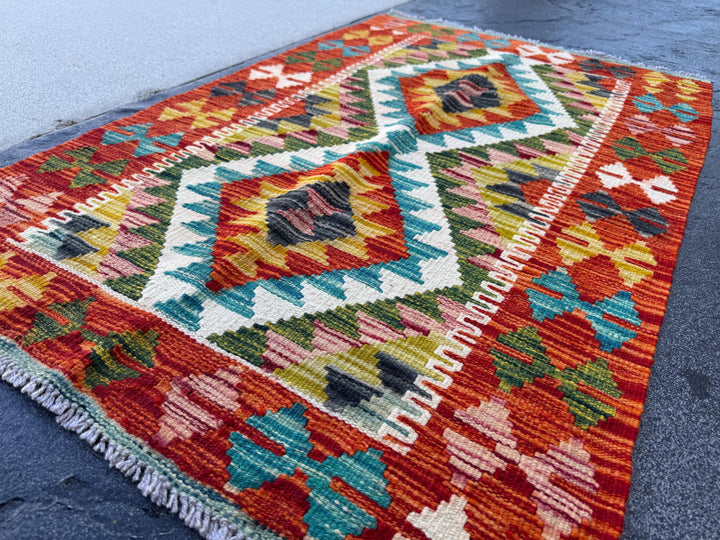 3x4 Handmade Afghan Kilim Rug | Rust Red Burnt Orange Mustard Yellow Cream White Olive Green Teal Aqua Blue Navy Purple Grey | Flatwoven