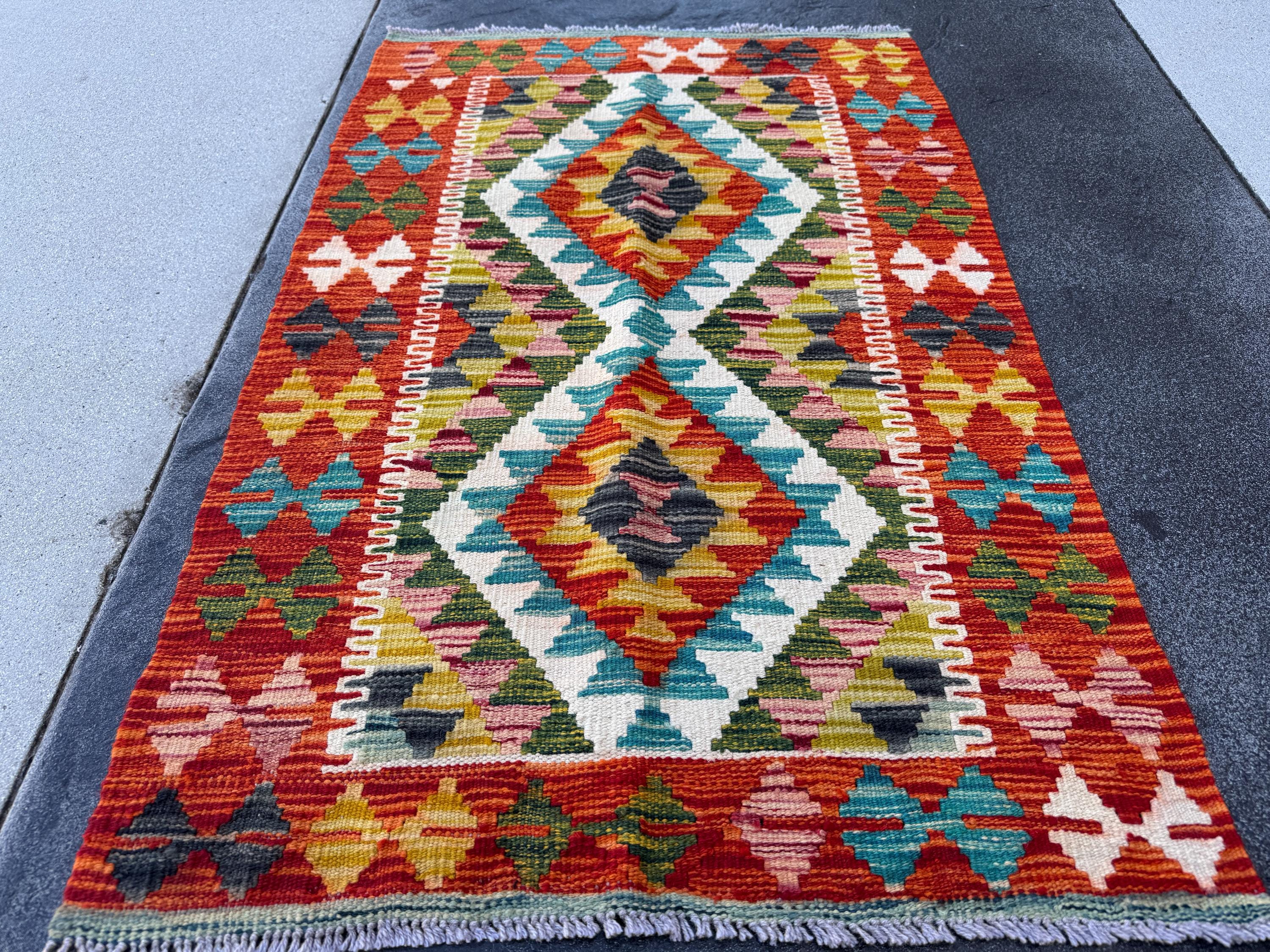 3x4 Handmade Afghan Kilim Rug | Rust Red Burnt Orange Mustard Yellow Cream White Olive Green Teal Aqua Blue Navy Purple Grey | Flatwoven