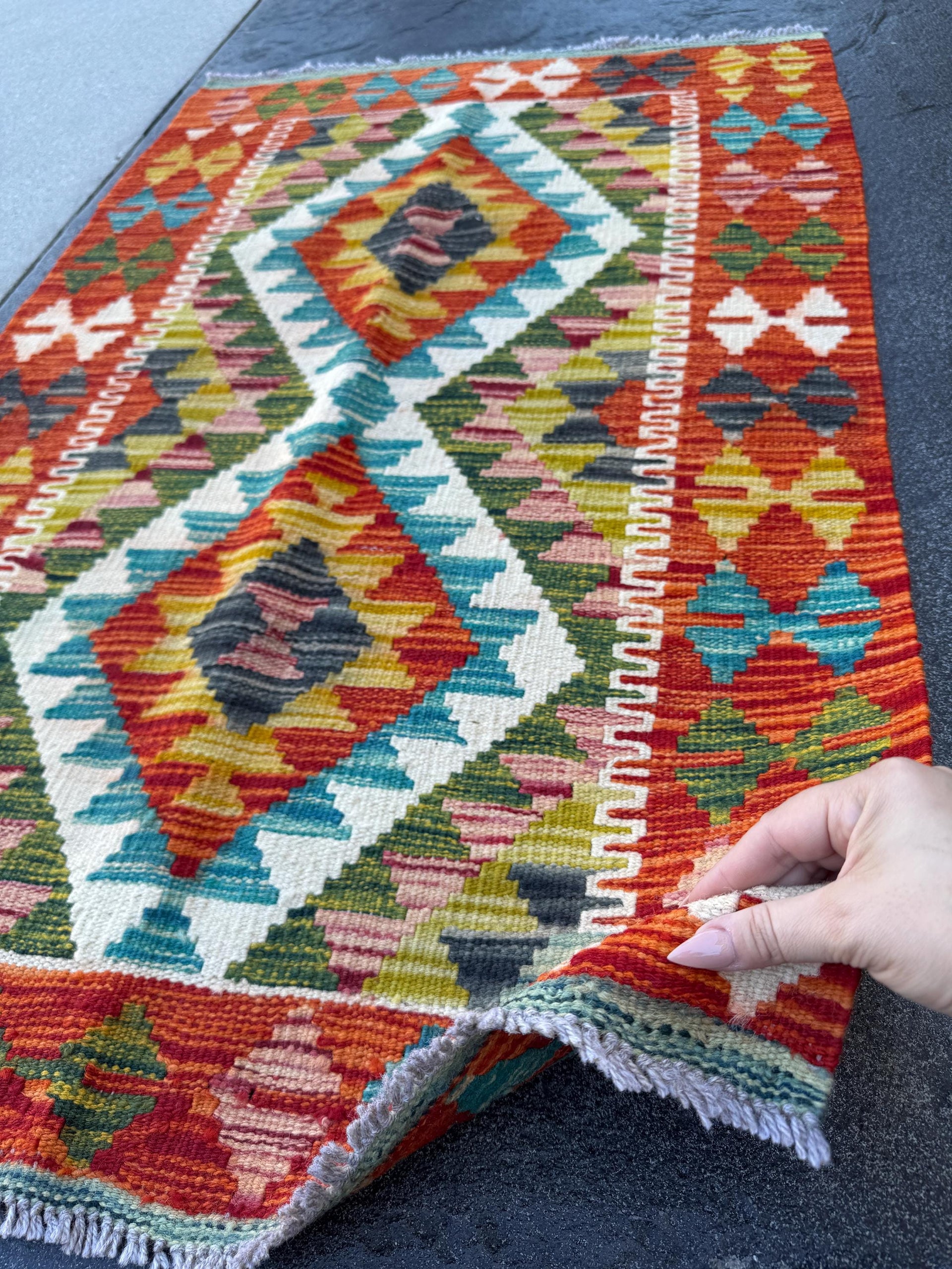 3x4 Handmade Afghan Kilim Rug | Rust Red Burnt Orange Mustard Yellow Cream White Olive Green Teal Aqua Blue Navy Purple Grey | Flatwoven