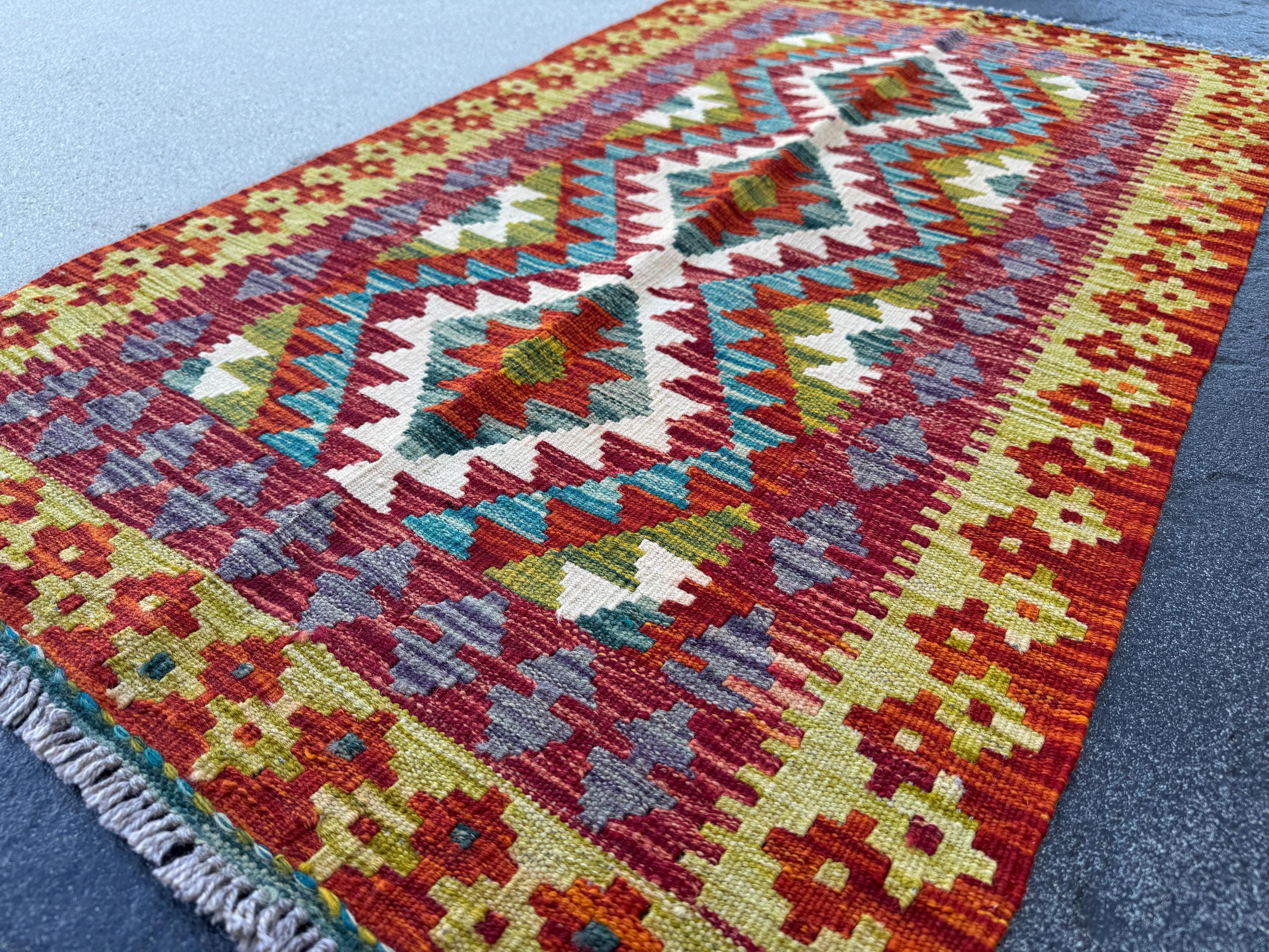3x4 Handmade Afghan Kilim Rug | Rust Red Mustard Yellow Burnt Orange Olive Green Teal Aqua Blue Cream White Grey Purple | Wool Flatwoven