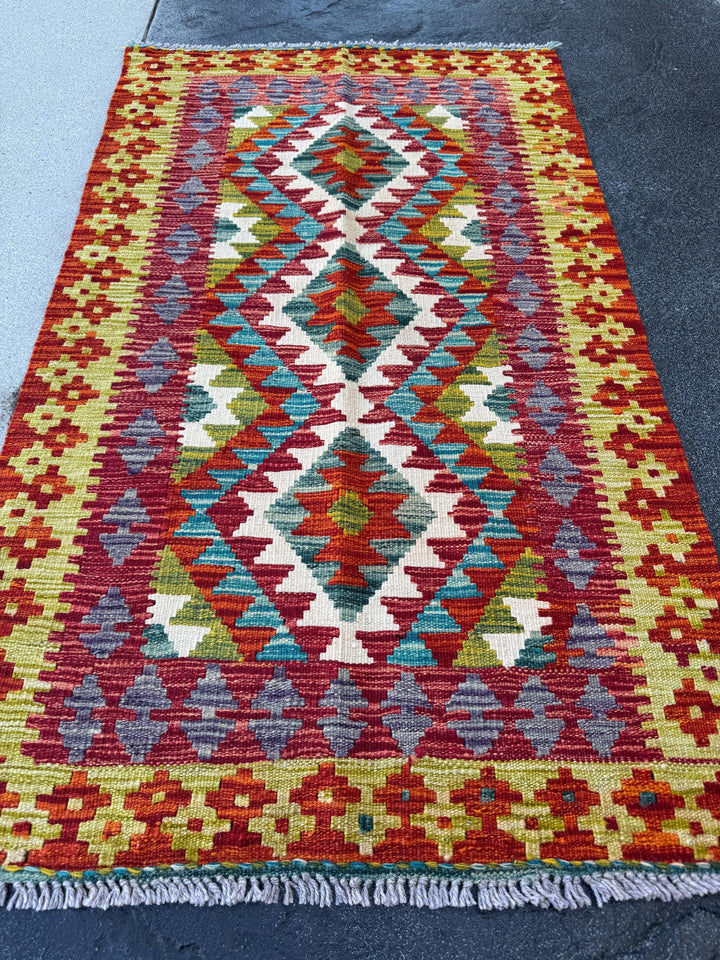 3x4 Handmade Afghan Kilim Rug | Rust Red Mustard Yellow Burnt Orange Olive Green Teal Aqua Blue Cream White Grey Purple | Wool Flatwoven