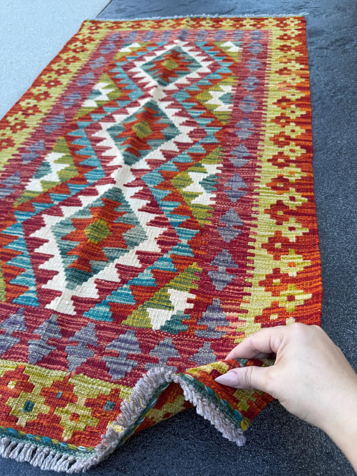 3x4 Handmade Afghan Kilim Rug | Rust Red Mustard Yellow Burnt Orange Olive Green Teal Aqua Blue Cream White Grey Purple | Wool Flatwoven