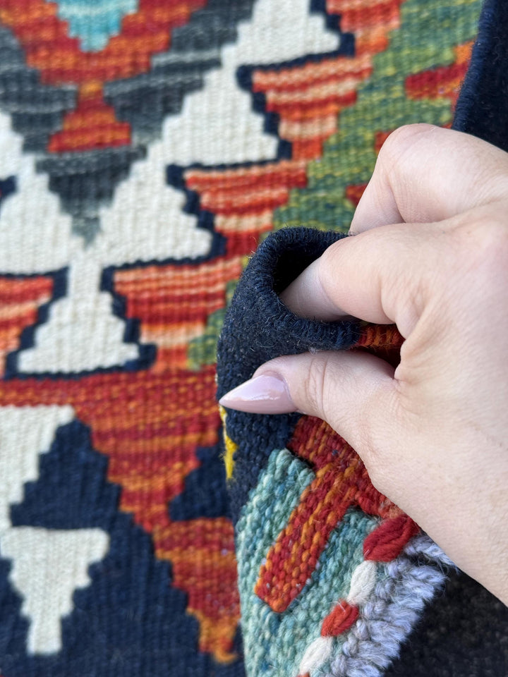 3x4 Handmade Afghan Kilim Rug | Navy Rust Red Burnt Orange Cream Mustard Yellow Olive Green Teal Aqua Blue Purple Grey | Wool Flatwoven