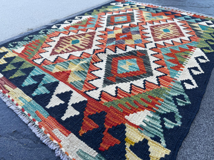3x4 Handmade Afghan Kilim Rug | Navy Rust Red Burnt Orange Cream Mustard Yellow Olive Green Teal Aqua Blue Purple Grey | Wool Flatwoven