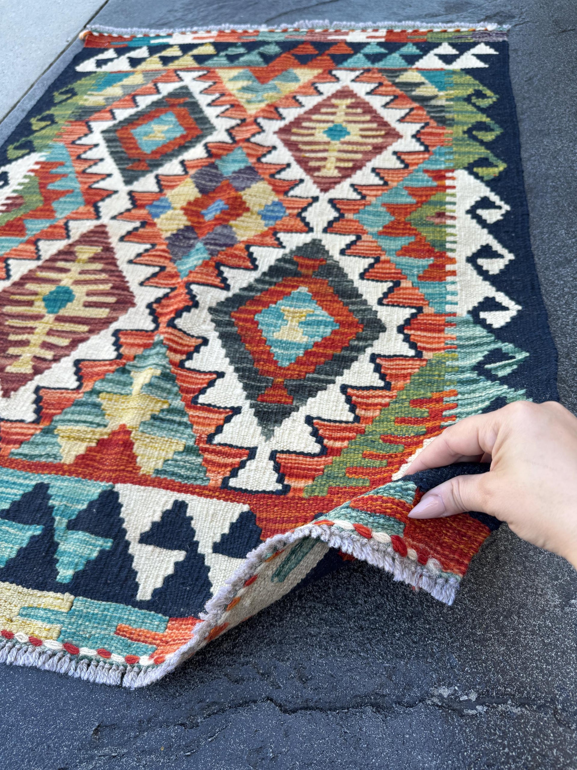 3x4 Handmade Afghan Kilim Rug | Navy Rust Red Burnt Orange Cream Mustard Yellow Olive Green Teal Aqua Blue Purple Grey | Wool Flatwoven