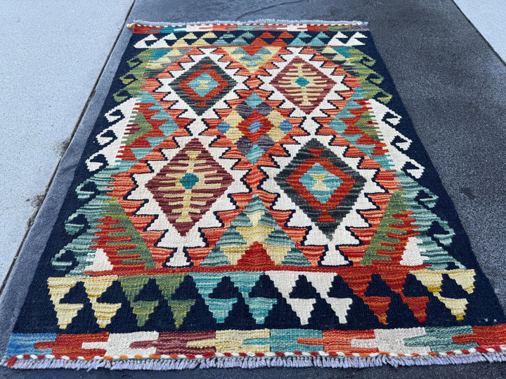 3x4 Handmade Afghan Kilim Rug | Navy Rust Red Burnt Orange Cream Mustard Yellow Olive Green Teal Aqua Blue Purple Grey | Wool Flatwoven