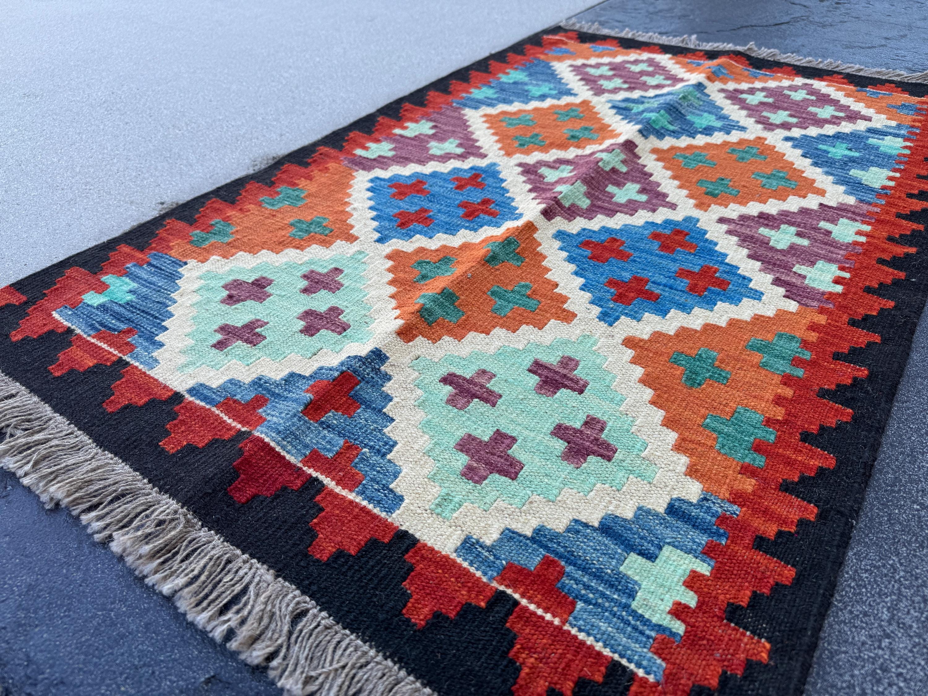 3x5 (91x152) Handmade Afghan Kilim Rug | Black Burnt Orange Cream Beige Red Blue Teal Mint Green Purple | Wool Flatwoven