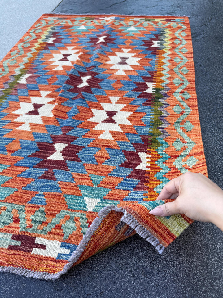 3x4 Handmade Afghan Kilim Rug | Burnt Orange Rust Red Cream White Teal Aqua Blue Navy Olive Green Mustard Yellow Maroon Purple Grey | Wool