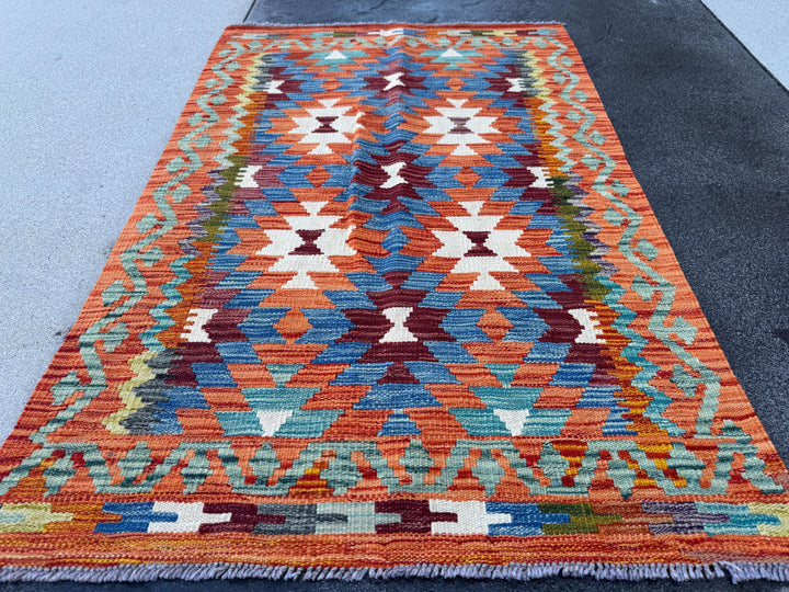 3x4 Handmade Afghan Kilim Rug | Burnt Orange Rust Red Cream White Teal Aqua Blue Navy Olive Green Mustard Yellow Maroon Purple Grey | Wool