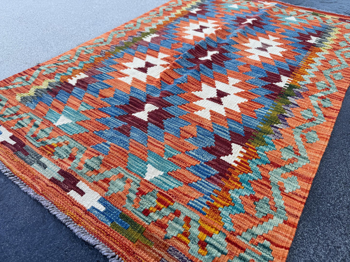 3x4 Handmade Afghan Kilim Rug | Burnt Orange Rust Red Cream White Teal Aqua Blue Navy Olive Green Mustard Yellow Maroon Purple Grey | Wool