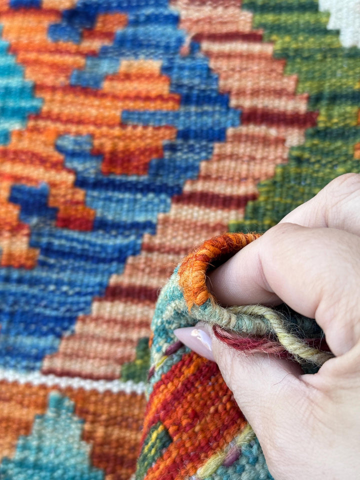 2x5 Handmade Afghan Kilim Runner Rug | Teal Aqua Blue Burnt Orange Cream White Mustard Yellow Olive Green Navy Purple Rust Red Grey | Wool