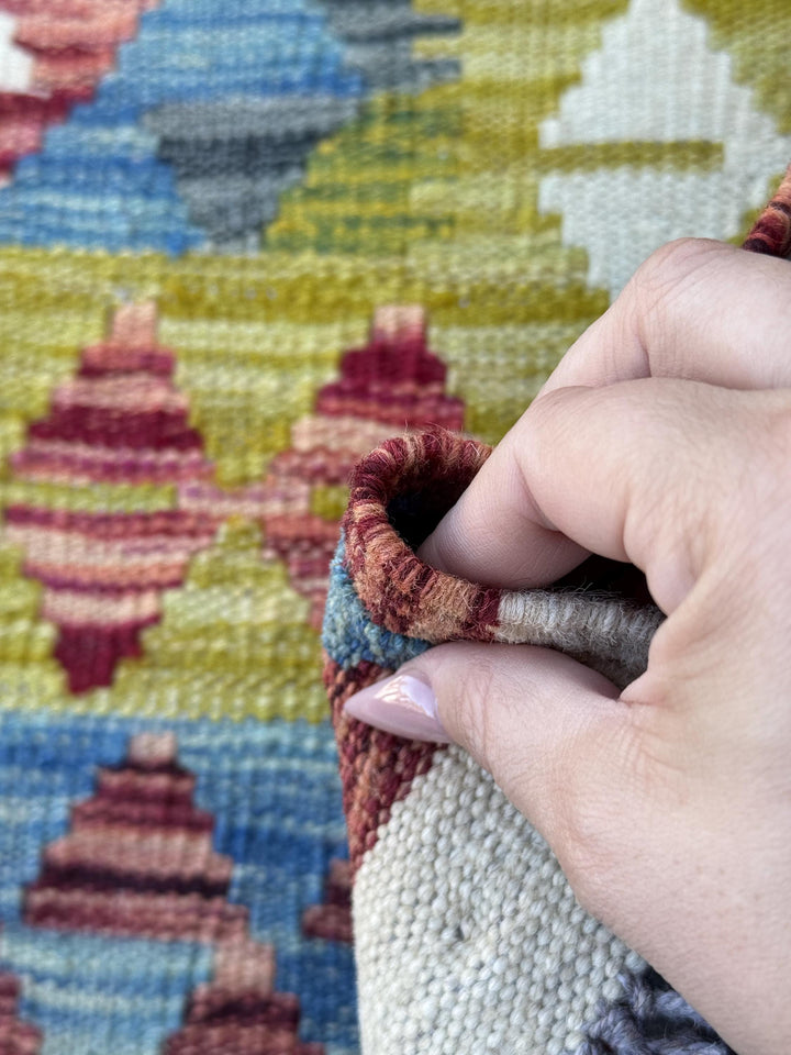 3x4 Handmade Afghan Kilim Rug | Olive Green Mustard Yellow Sky Blue Rust Red Cream White Charcoal Grey Brick Red | Wool Flatwoven