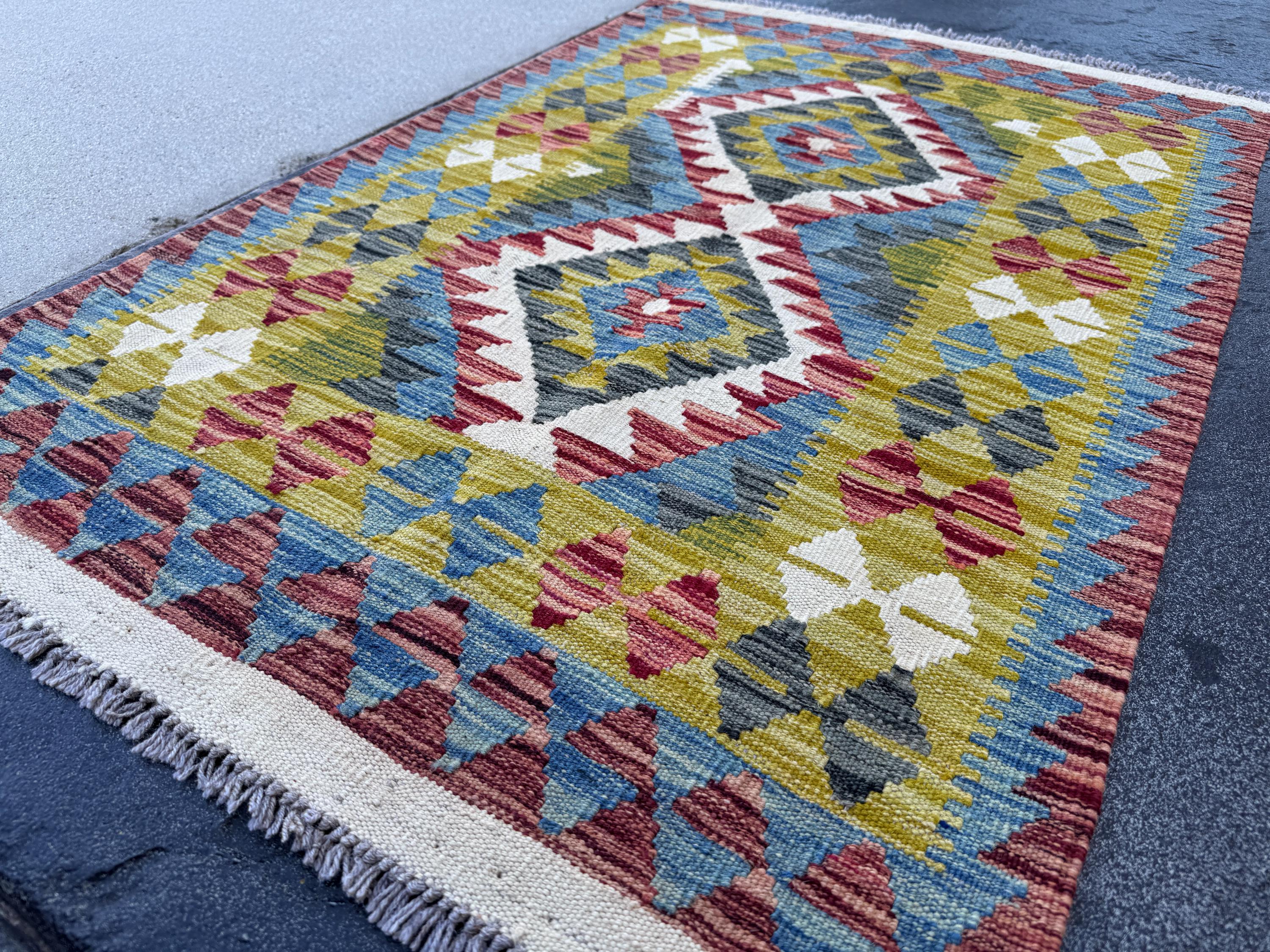 3x4 Handmade Afghan Kilim Rug | Olive Green Mustard Yellow Sky Blue Rust Red Cream White Charcoal Grey Brick Red | Wool Flatwoven