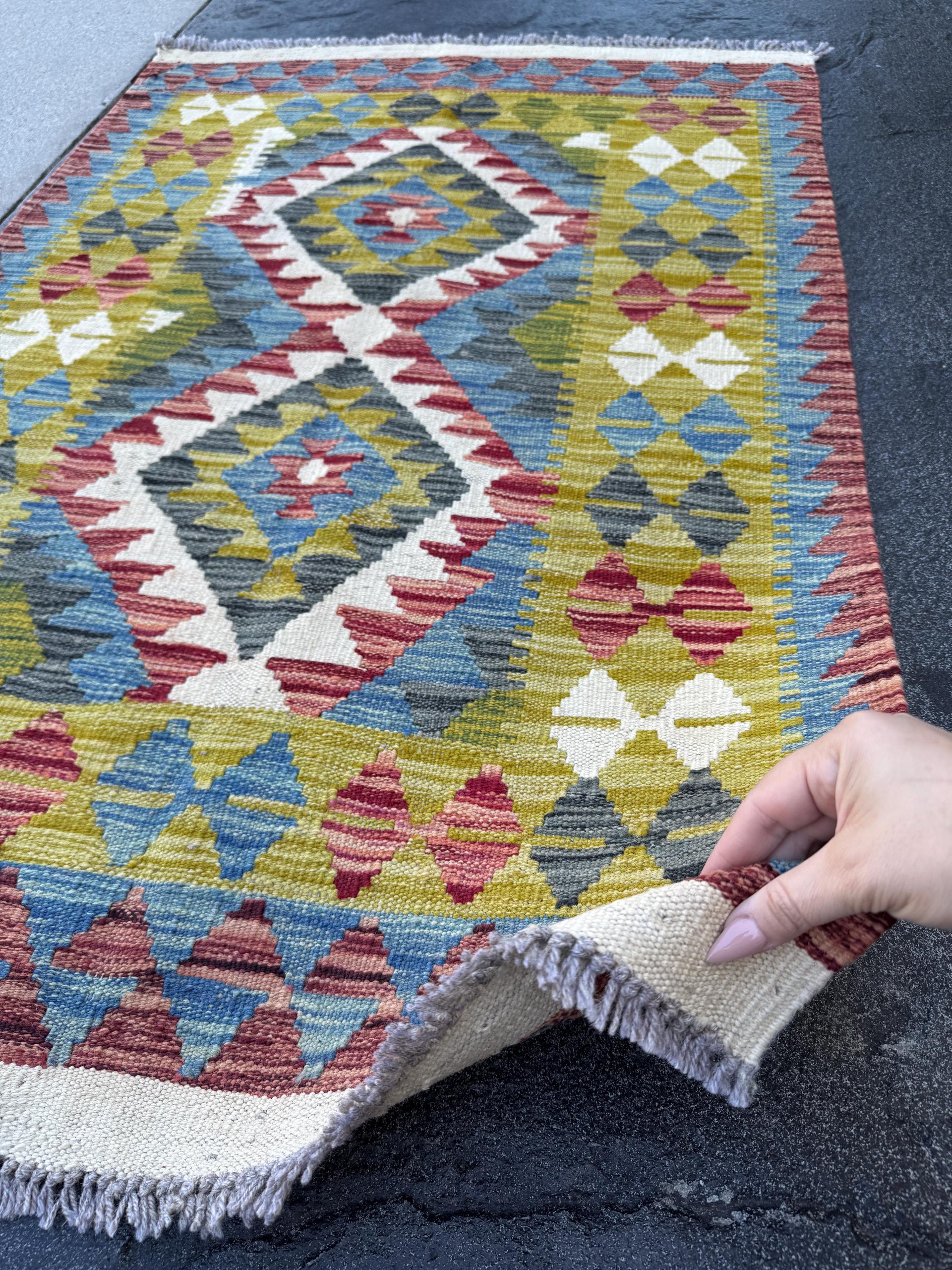 3x4 Handmade Afghan Kilim Rug | Olive Green Mustard Yellow Sky Blue Rust Red Cream White Charcoal Grey Brick Red | Wool Flatwoven