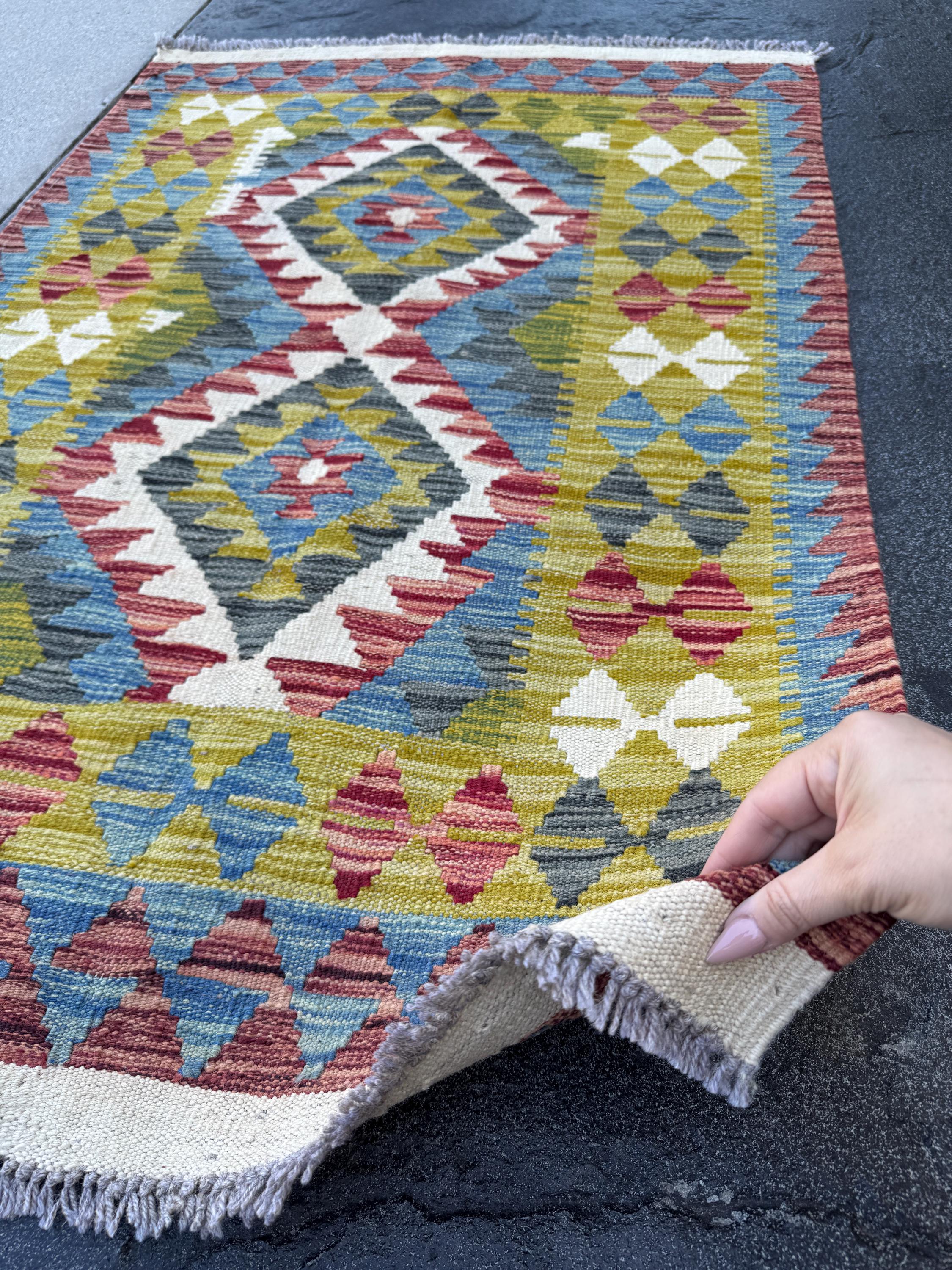 3x4 Handmade Afghan Kilim Rug | Olive Green Mustard Yellow Sky Blue Rust Red Cream White Charcoal Grey Brick Red | Wool Flatwoven