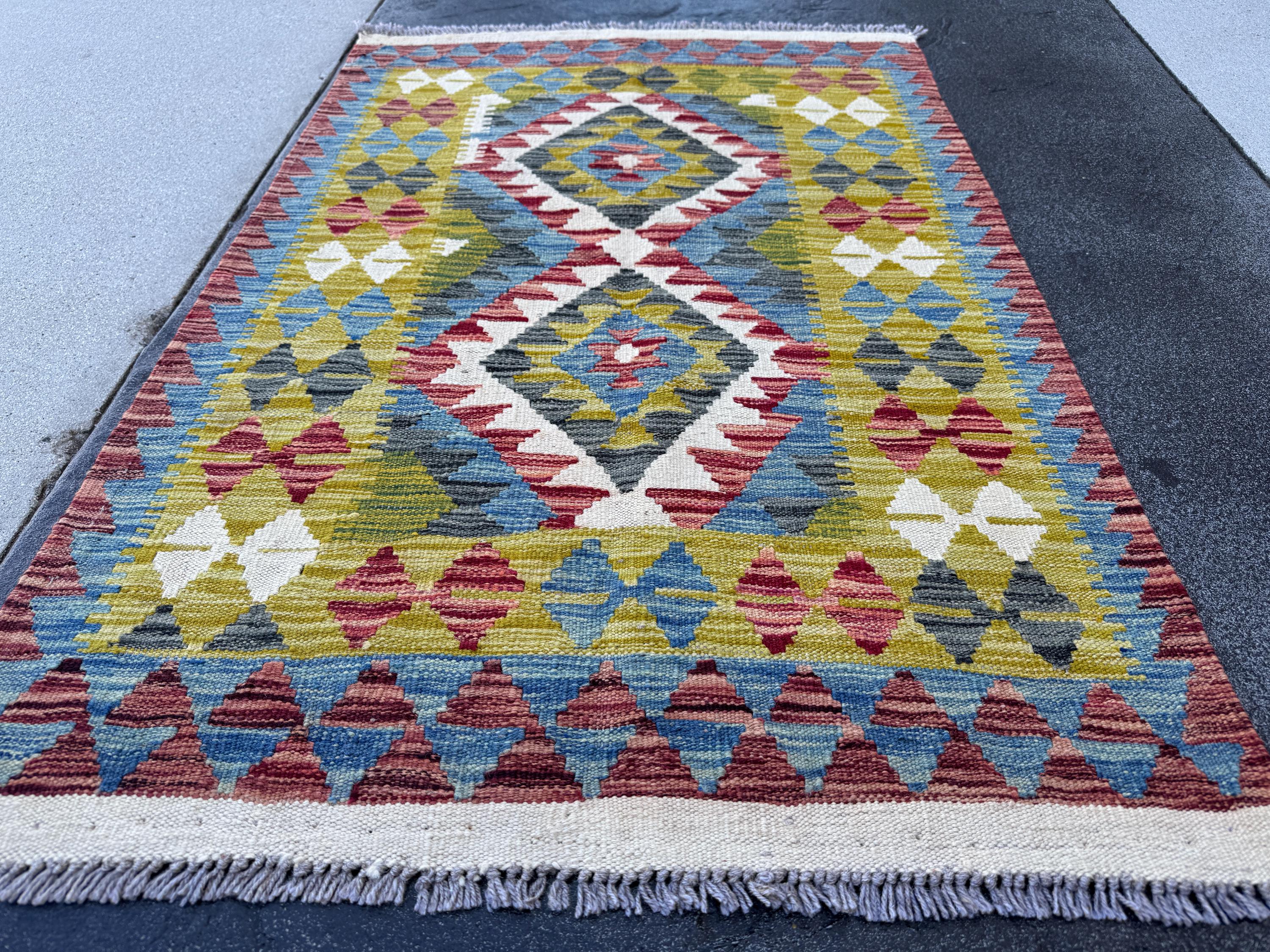 3x4 Handmade Afghan Kilim Rug | Olive Green Mustard Yellow Sky Blue Rust Red Cream White Charcoal Grey Brick Red | Wool Flatwoven