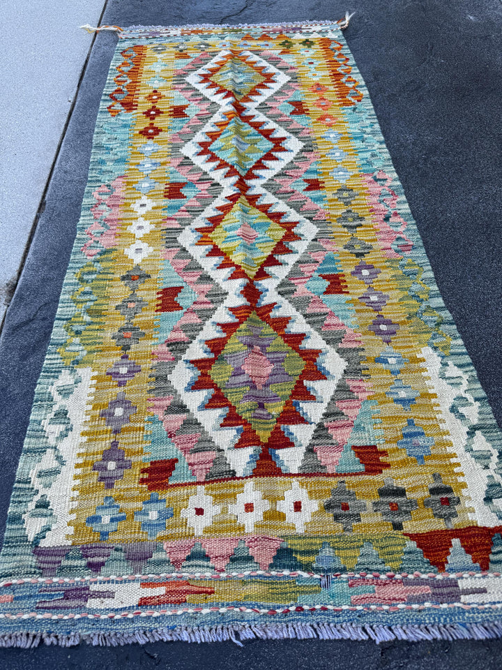 2x5 Handmade Afghan Kilim Runner Rug | Mustard Yellow Rust Red Cream White Teal Aqua Blue Olive Green Pink Purple Grey | Wool Flatwoven