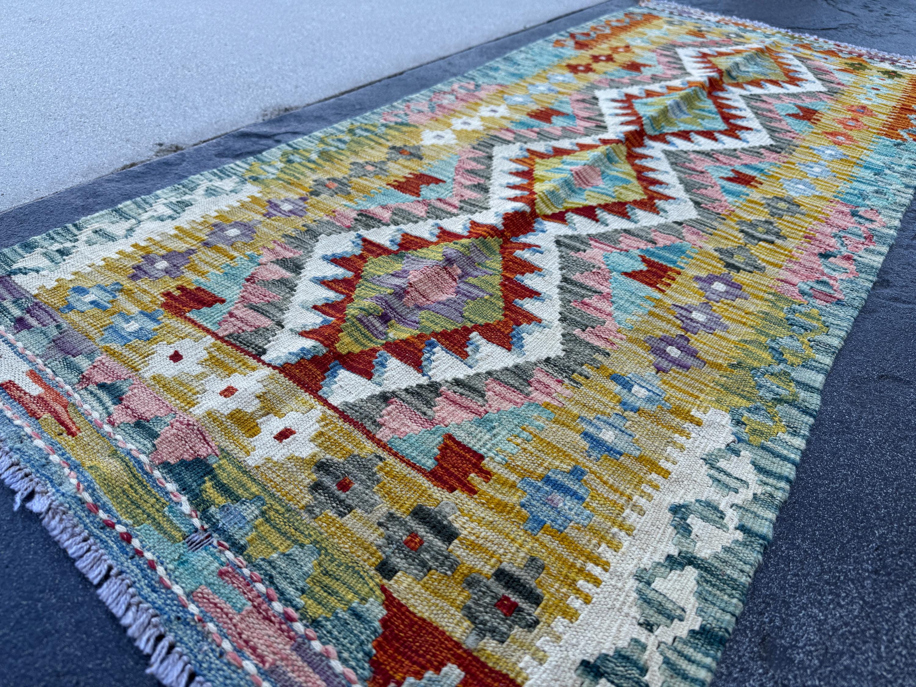 2x5 Handmade Afghan Kilim Runner Rug | Mustard Yellow Rust Red Cream White Teal Aqua Blue Olive Green Pink Purple Grey | Wool Flatwoven