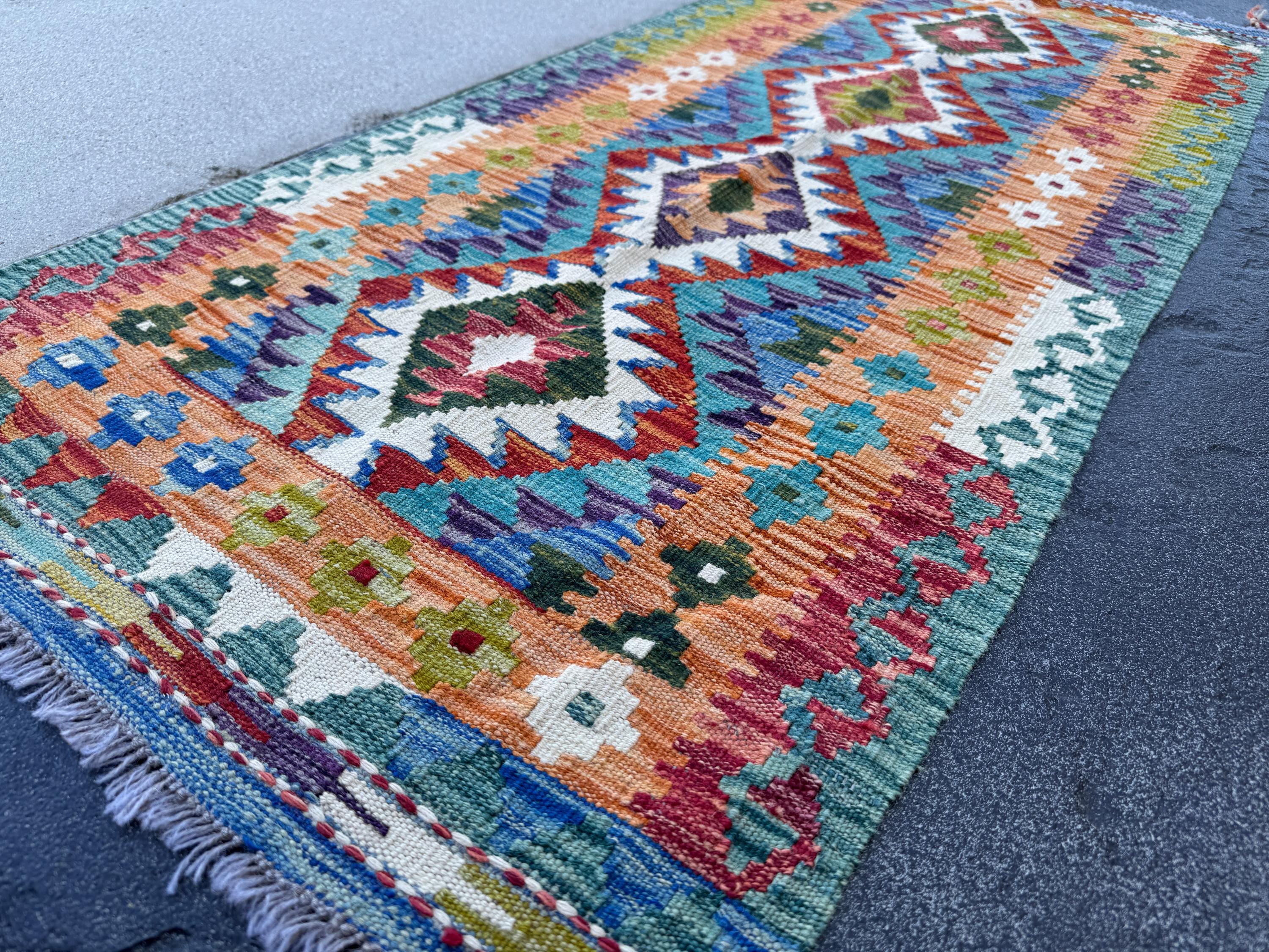 2x5 Handmade Afghan Kilim Runner Rug | Burnt Orange Teal Aqua Blue Forest Green Burgundy Red Purple Mustard Yellow Cream White Navy | Wool