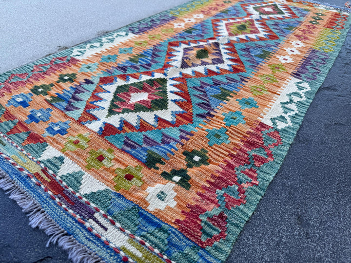 2x5 Handmade Afghan Kilim Runner Rug | Burnt Orange Teal Aqua Blue Forest Green Burgundy Red Purple Mustard Yellow Cream White Navy | Wool