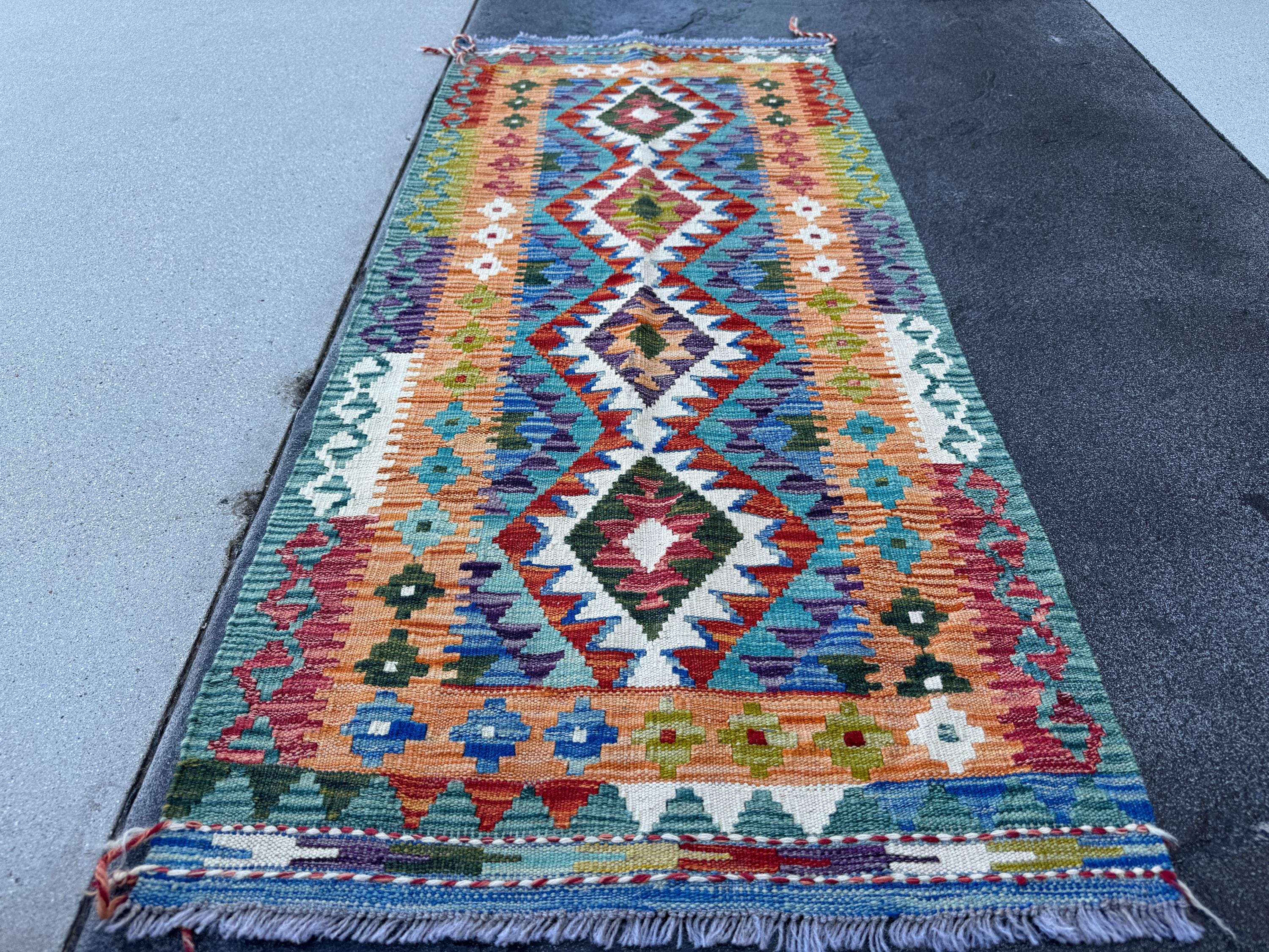 2x5 Handmade Afghan Kilim Runner Rug | Burnt Orange Teal Aqua Blue Forest Green Burgundy Red Purple Mustard Yellow Cream White Navy | Wool