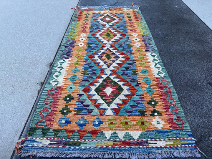 2x5 Handmade Afghan Kilim Runner Rug | Burnt Orange Teal Aqua Blue Forest Green Burgundy Red Purple Mustard Yellow Cream White Navy | Wool