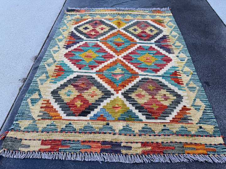 3x4 Handmade Afghan Kilim Rug | Beige Cream Mustard Yellow Rust Red Burnt Orange Olive Green Teal Aqua Blue Navy Purple Grey | Flatwoven
