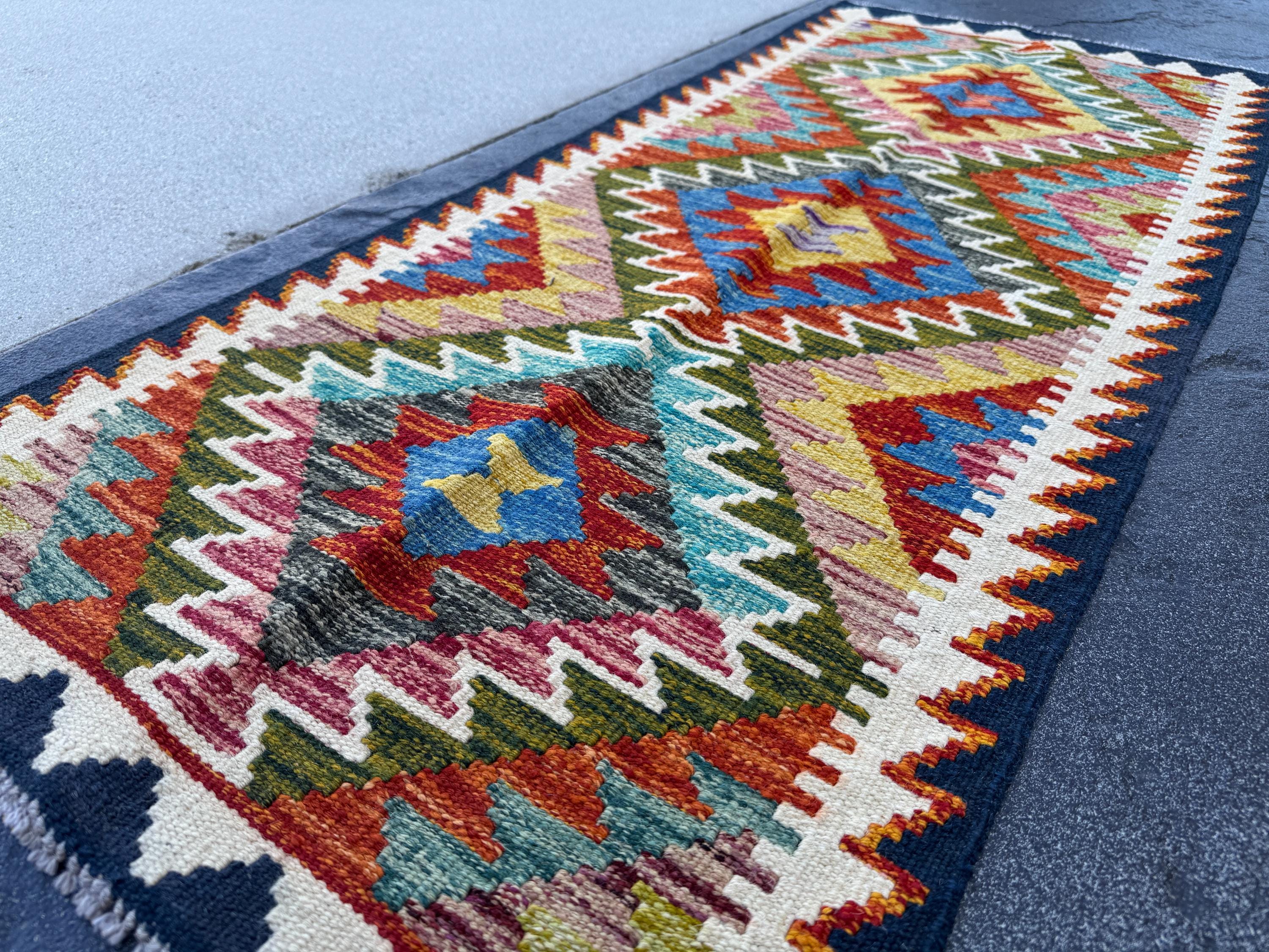 2x5 Handmade Afghan Kilim Runner Rug | Olive Green Rust Red Teal Burnt Orange Mustard Yellow Cream White Aqua Blue Navy Purple Grey | Wool