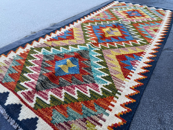 2x5 Handmade Afghan Kilim Runner Rug | Olive Green Rust Red Teal Burnt Orange Mustard Yellow Cream White Aqua Blue Navy Purple Grey | Wool