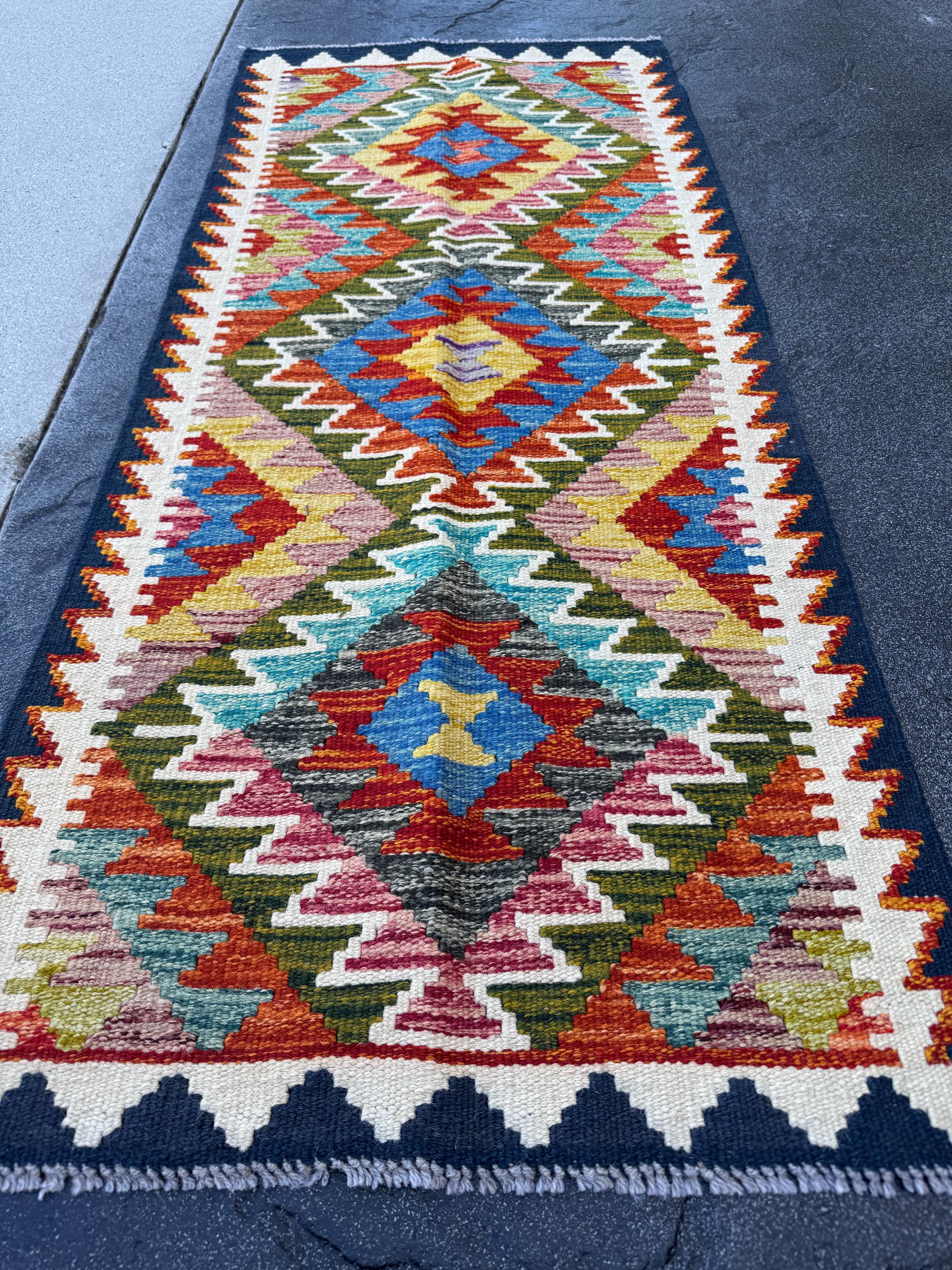 2x5 Handmade Afghan Kilim Runner Rug | Olive Green Rust Red Teal Burnt Orange Mustard Yellow Cream White Aqua Blue Navy Purple Grey | Wool