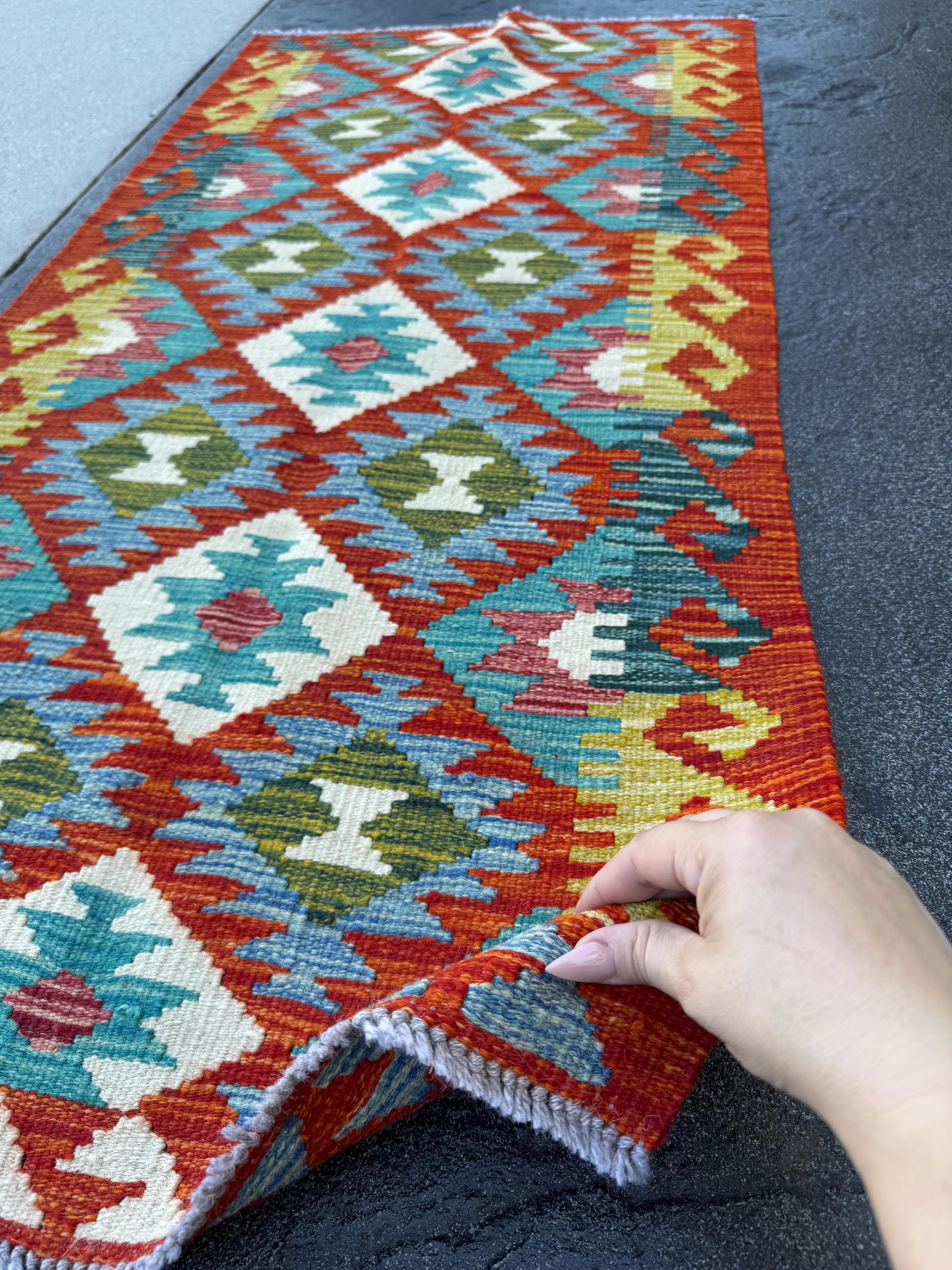 2x5 Handmade Afghan Kilim Runner Rug | Rust Red Burnt Orange Cream White Mustard Yellow Olive Green Aqua Blue Teal Pink Grey | Flatwoven