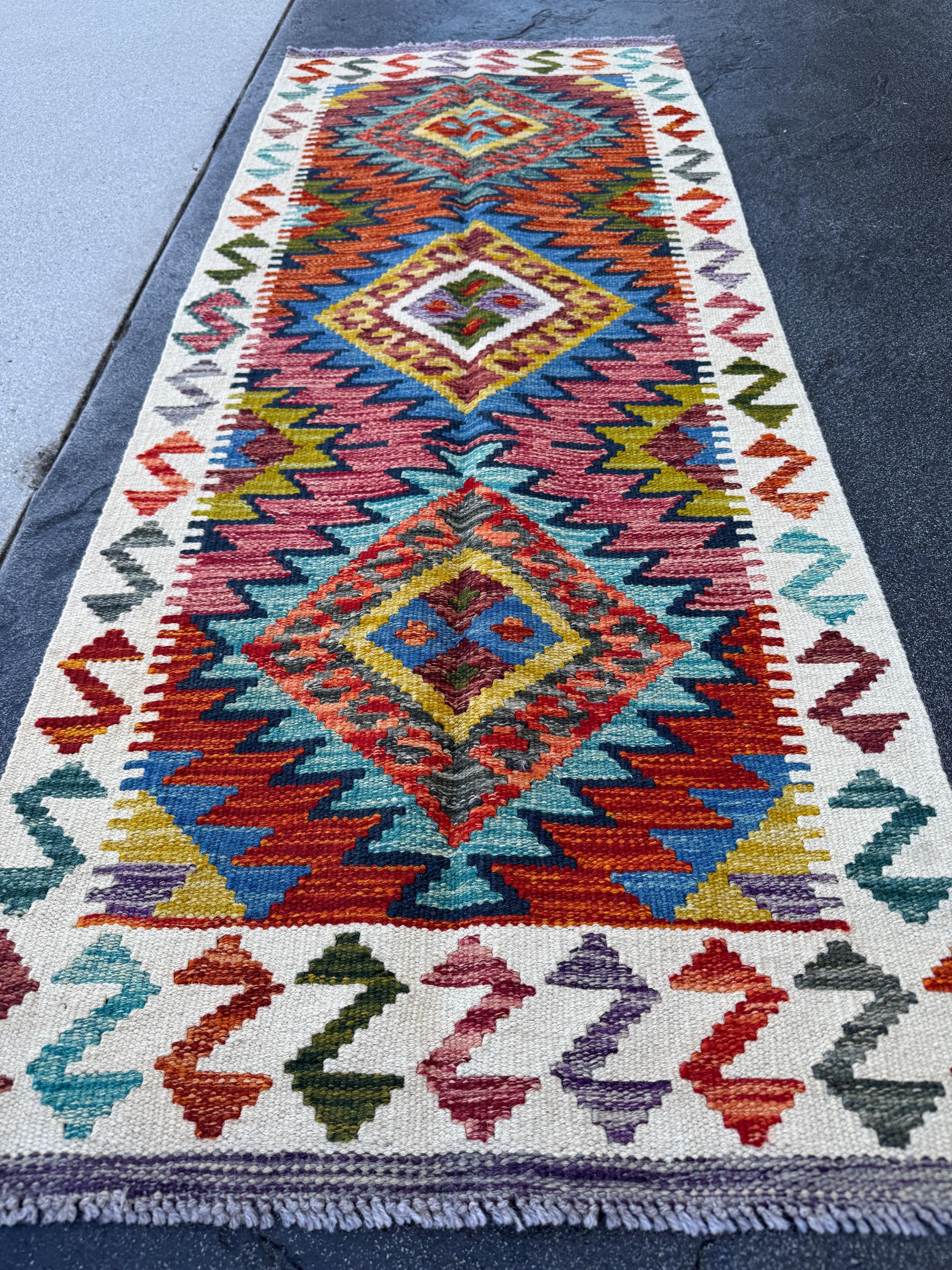 2x5 Handmade Afghan Kilim Runner Rug | Rust Red Burnt Orange Cream White Mustard Yellow Olive Green Teal Aqua Blue Navy Purple Grey