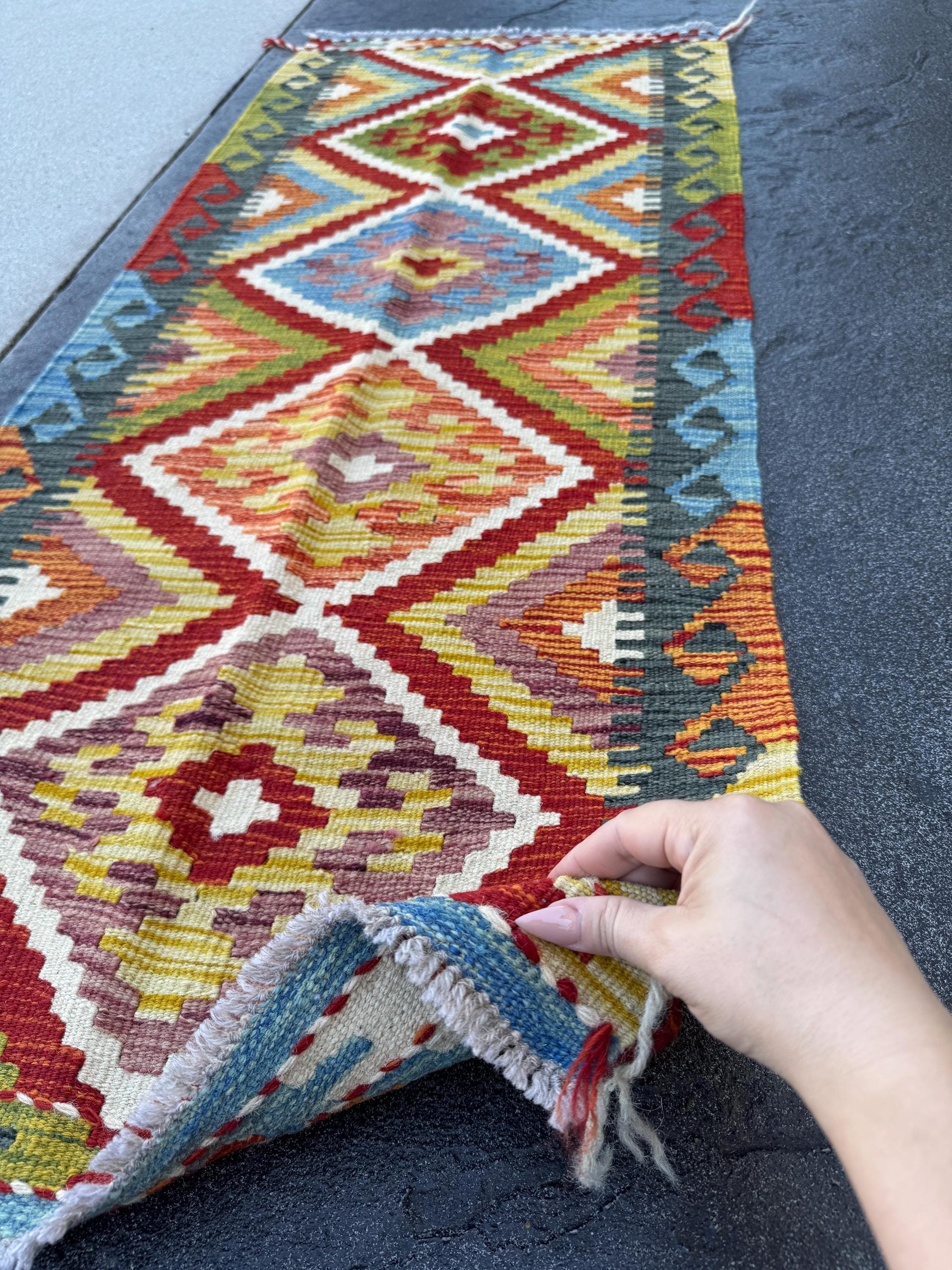2x5 Handmade Afghan Kilim Runner Rug | Deep Red Burnt Orange Mustard Yellow Olive Green Cream White Sky Blue Navy Plum Charcoal | Flatwoven