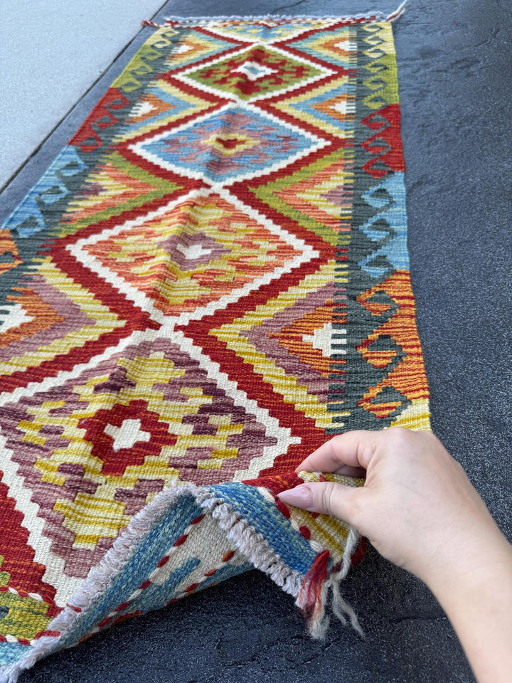 2x5 Handmade Afghan Kilim Runner Rug | Deep Red Burnt Orange Mustard Yellow Olive Green Cream White Sky Blue Navy Plum Charcoal | Flatwoven