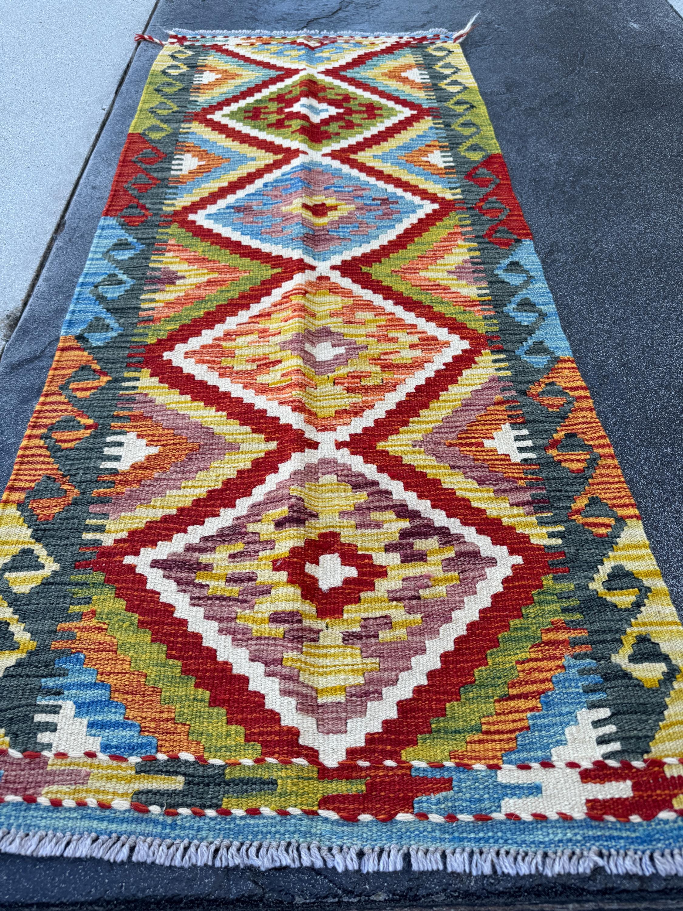 2x5 Handmade Afghan Kilim Runner Rug | Deep Red Burnt Orange Mustard Yellow Olive Green Cream White Sky Blue Navy Plum Charcoal | Flatwoven