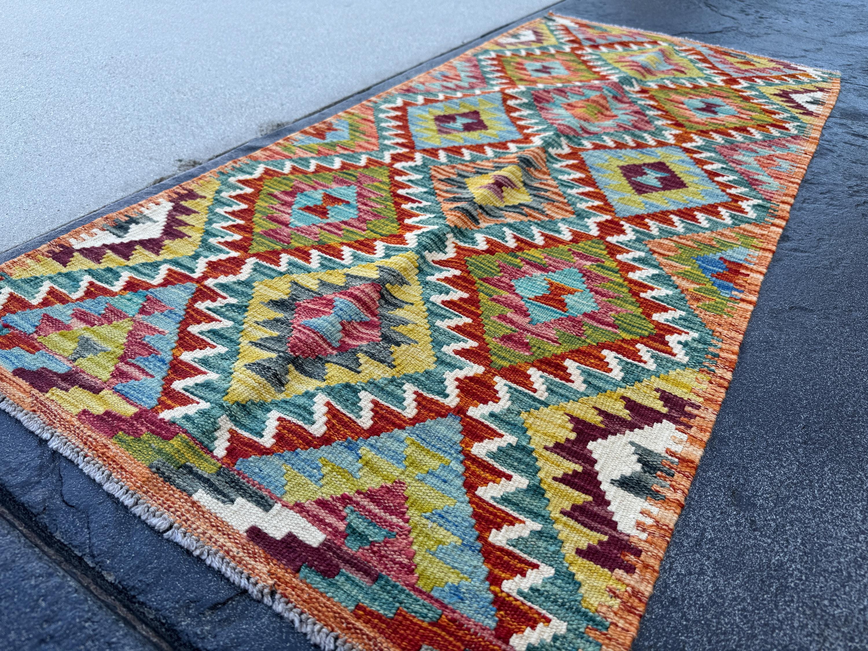 2x5 Handmade Afghan Kilim Runner Rug | Burnt Orange Rust Red Cream White Mustard Yellow Olive Green Teal Aqua Blue Burgundy Purple Grey