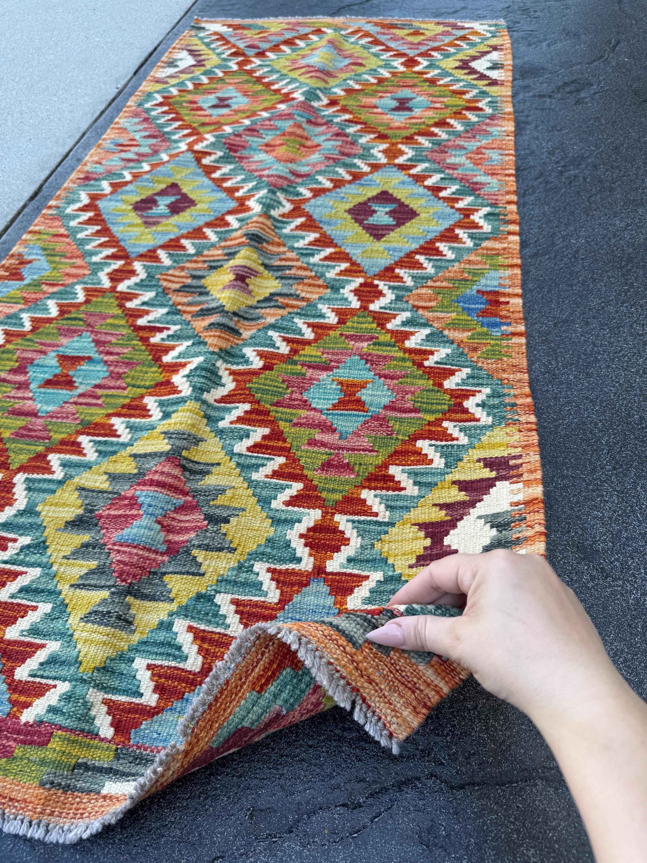 2x5 Handmade Afghan Kilim Runner Rug | Burnt Orange Rust Red Cream White Mustard Yellow Olive Green Teal Aqua Blue Burgundy Purple Grey