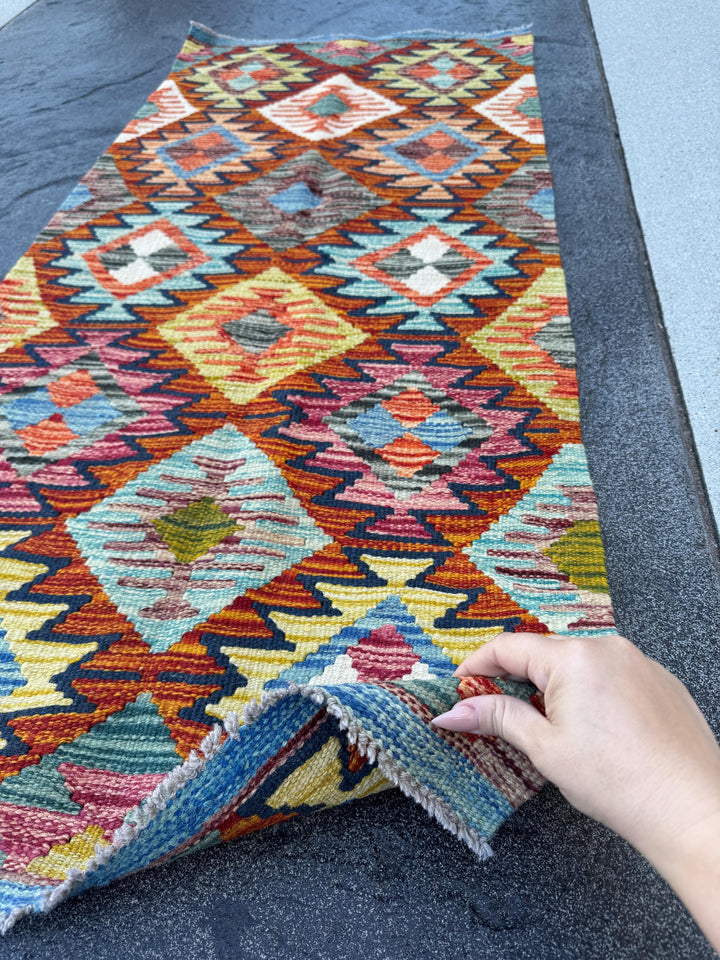2x5 Handmade Afghan Kilim Runner Rug | Burnt Orange Rust Red Mustard Yellow Aqua Blue Teal Navy Cream White Olive Green Pink Purple | Wool