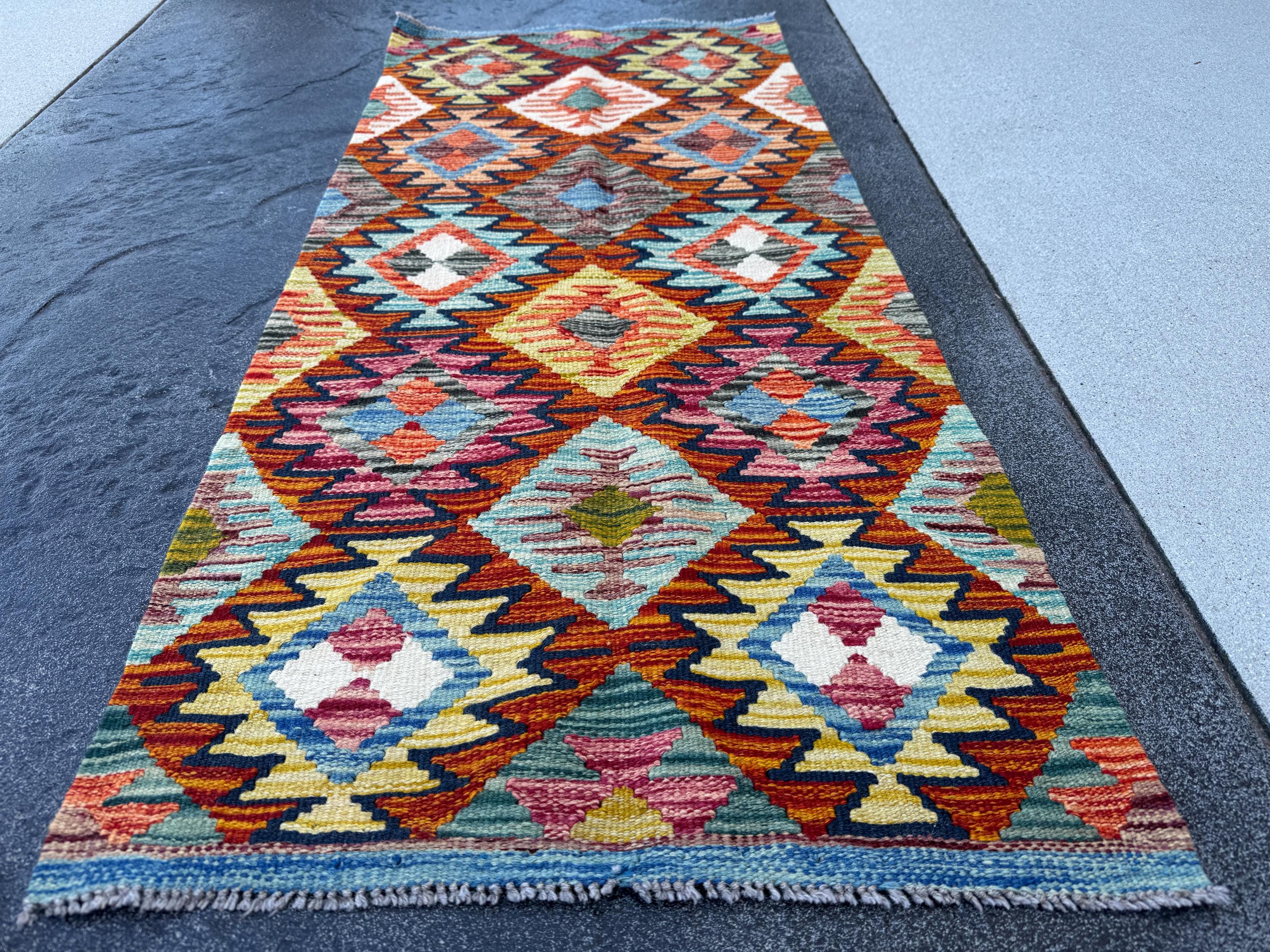 2x5 Handmade Afghan Kilim Runner Rug | Burnt Orange Rust Red Mustard Yellow Aqua Blue Teal Navy Cream White Olive Green Pink Purple | Wool