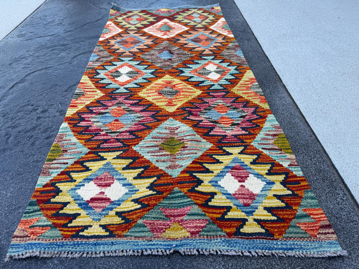 2x5 Handmade Afghan Kilim Runner Rug | Burnt Orange Rust Red Mustard Yellow Aqua Blue Teal Navy Cream White Olive Green Pink Purple | Wool