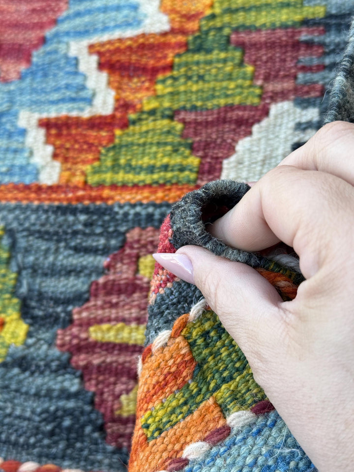 3x4 Handmade Afghan Kilim Rug | Charcoal Grey Rust Red Burnt Orange Cream White Mustard Yellow Olive Green Aqua Blue Teal Navy | Flatwoven