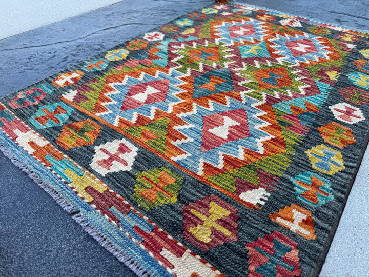 3x4 Handmade Afghan Kilim Rug | Charcoal Grey Rust Red Burnt Orange Cream White Mustard Yellow Olive Green Aqua Blue Teal Navy | Flatwoven