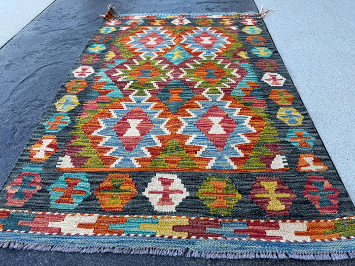 3x4 Handmade Afghan Kilim Rug | Charcoal Grey Rust Red Burnt Orange Cream White Mustard Yellow Olive Green Aqua Blue Teal Navy | Flatwoven